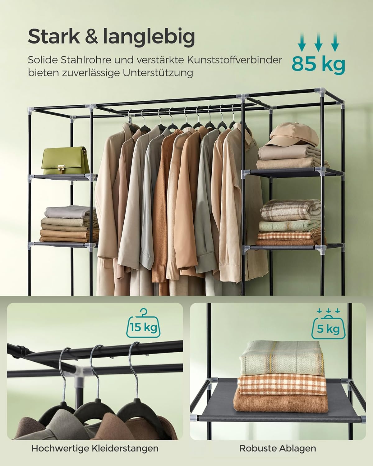 Kleiderschrank Miranda mit Stange und Ablagen, Grau