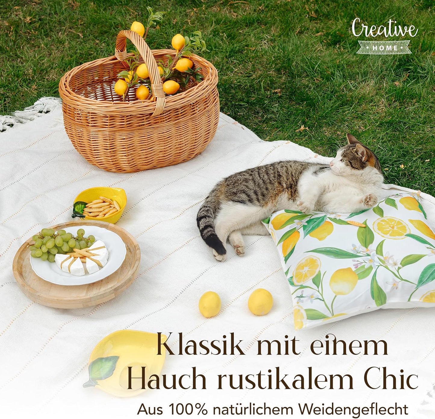 Grosser handgeflochtener Picknickkorb mit Henkel, 44 x 33 x 36 cm, Braun