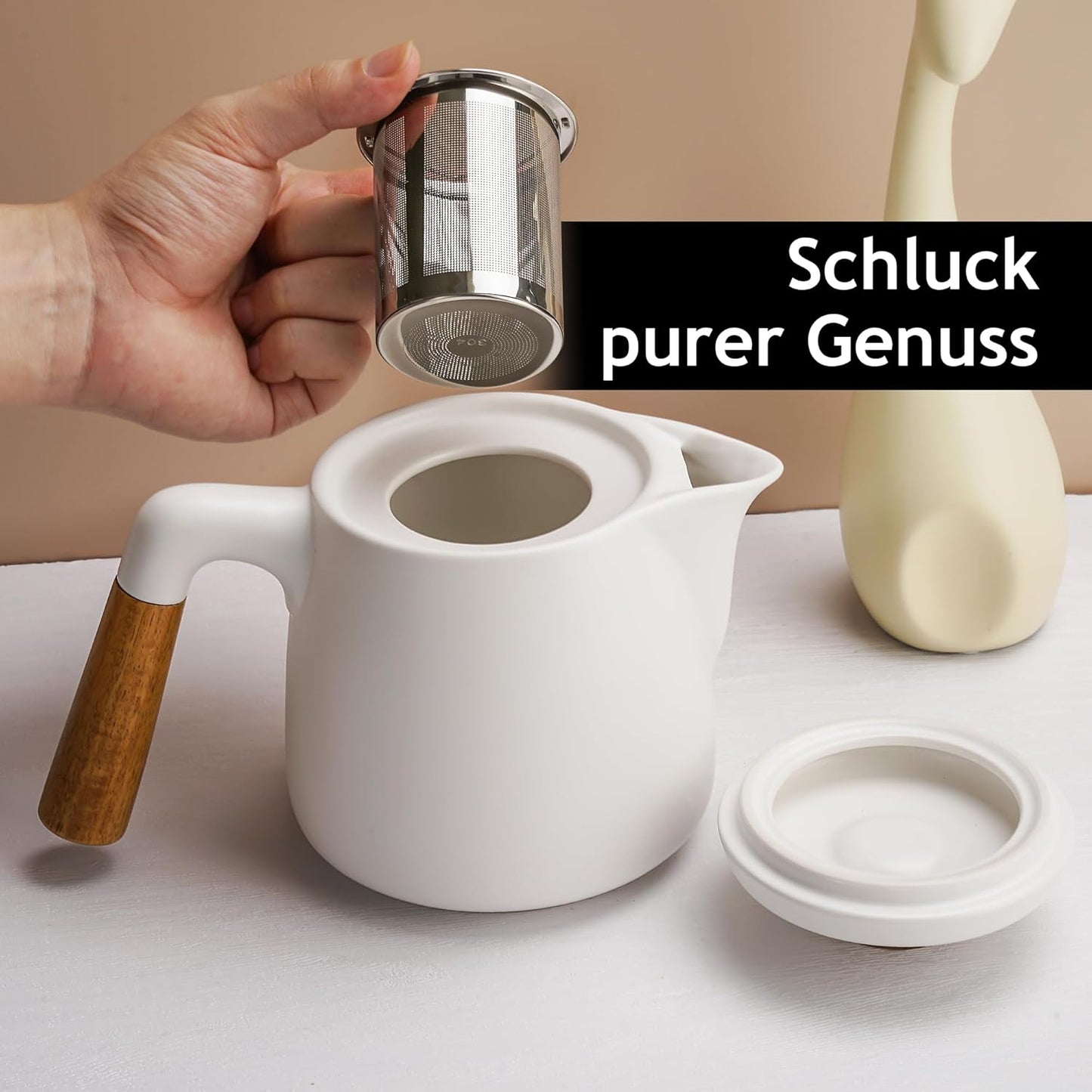 Teekanne mit 4 Teetassen und Untersetzern, Weiss