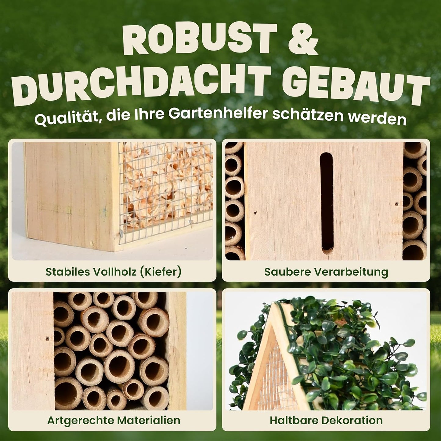 Insektenhotel XXL mit Bambus Röhrchen (39 cm), XXL Insektenhotel – Efeu Dach (39 cm)