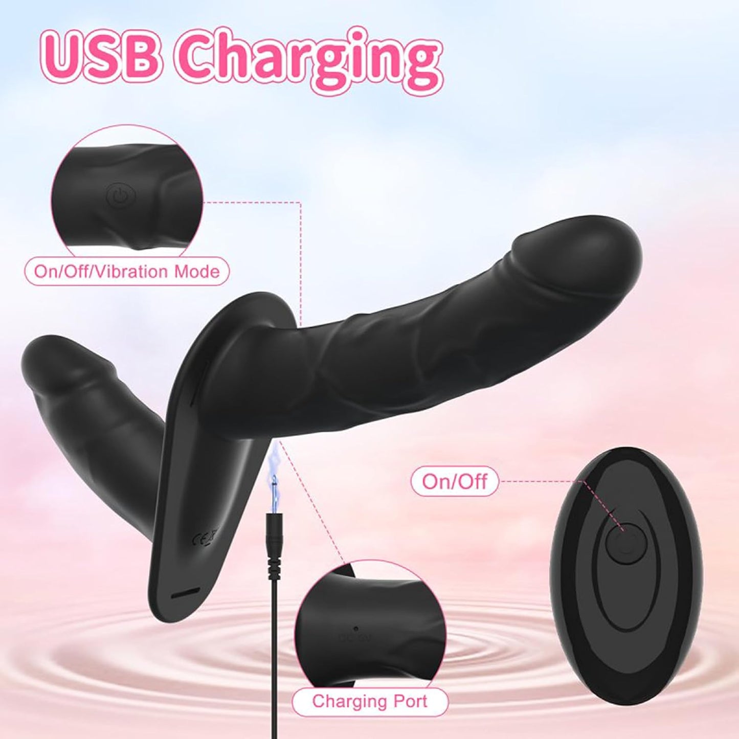 D51 Strap-On Doppel Dildo mit Vibration, Schwarz.