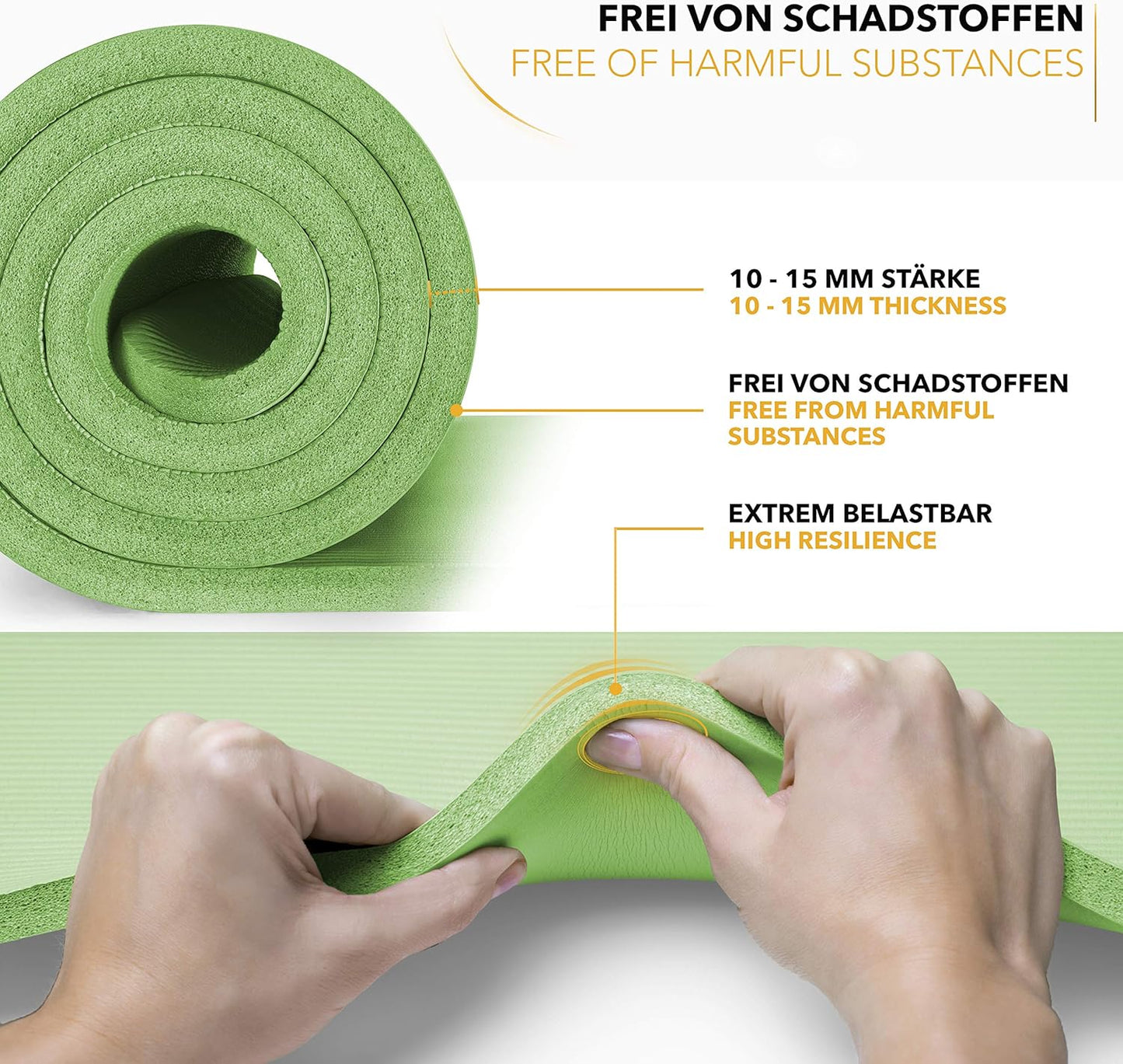Yogamatte mit Tragegurt, Hellgrün 185 x 60 x 1,5cm