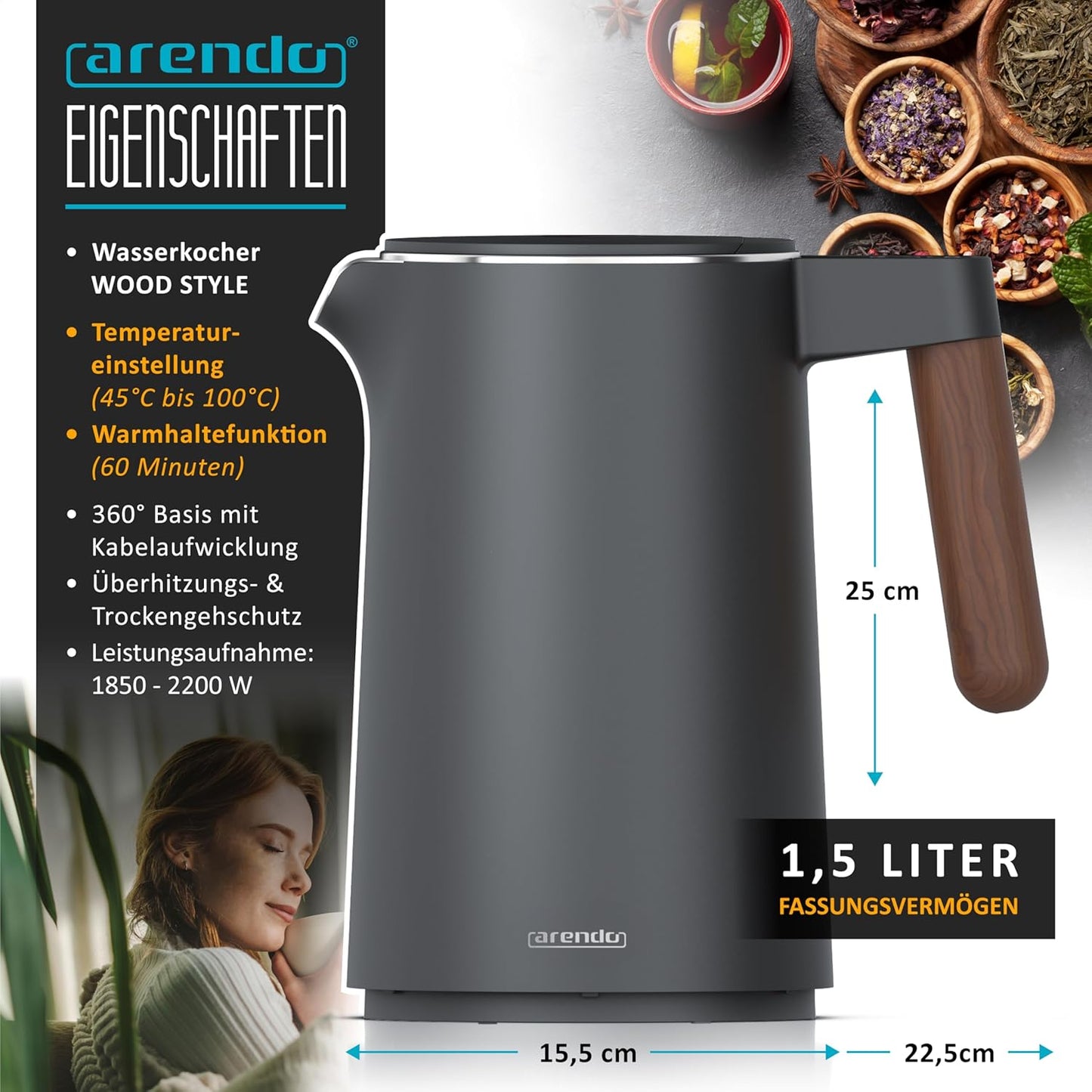 Wasserkocher mit Temperatureinstellung (45-100°C), B: Dunkler Griff
