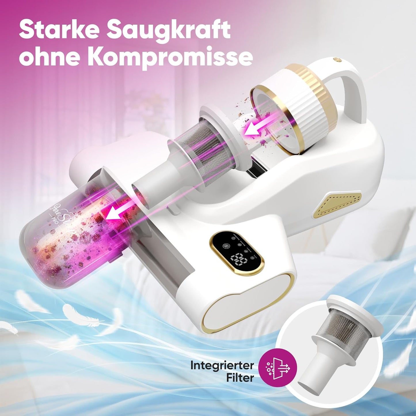 Kabelloser Milbensauger mit UV-Licht und Warmluft, Weisssd