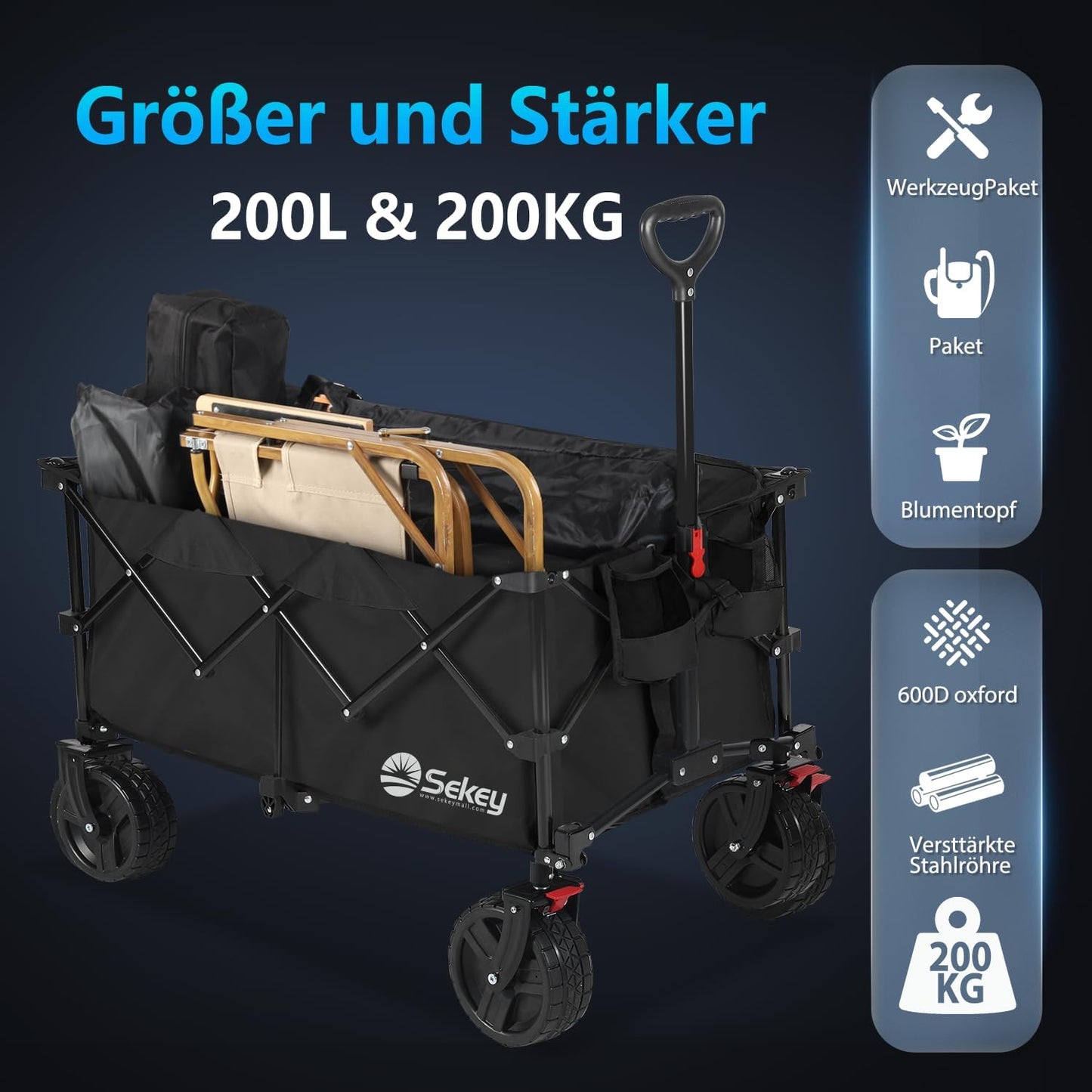 Faltbarer Bollerwagen mit Bremsen und breiten Reifen, Modell: XXL-PlusB 4011, Schwarz 8cm Räder