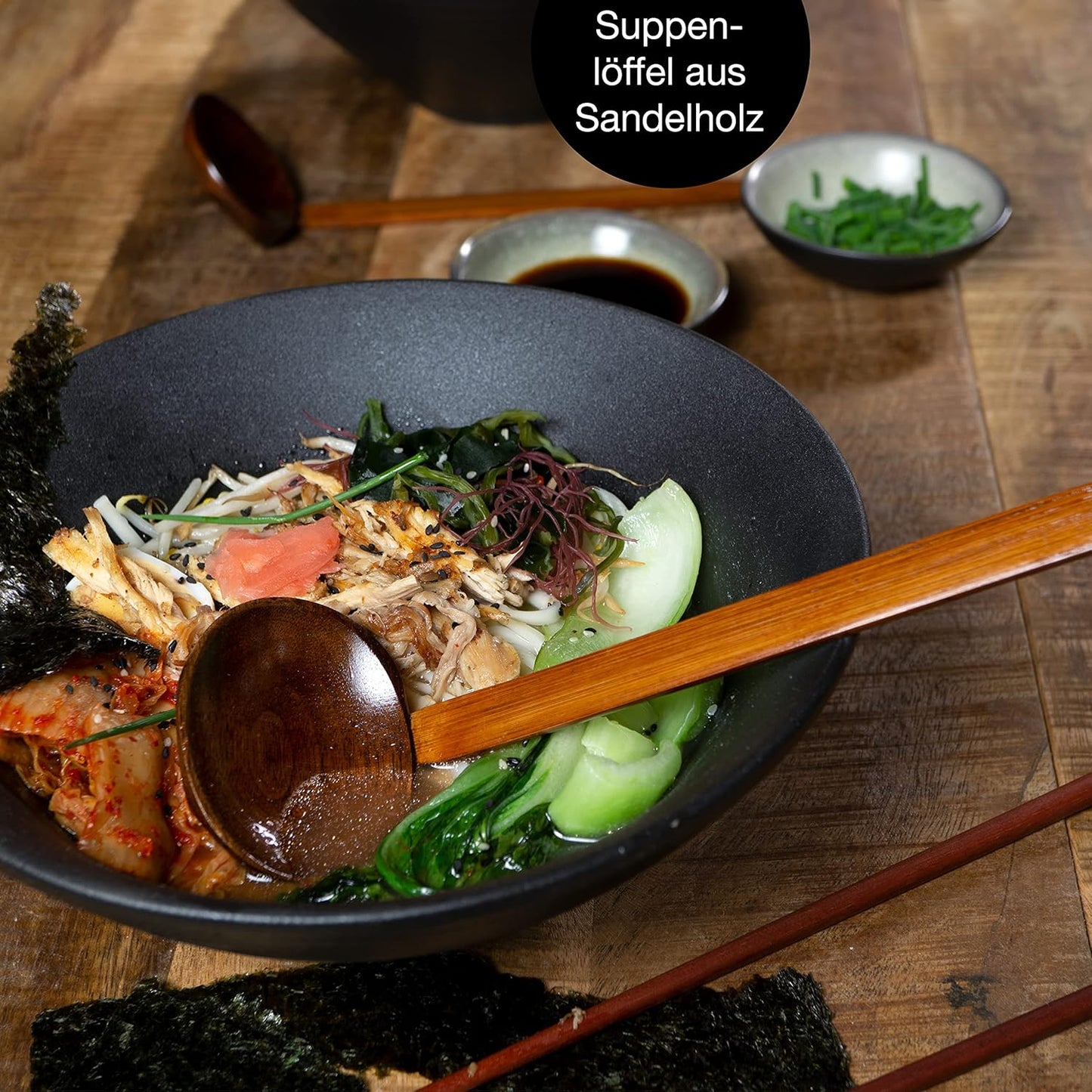 Ramenschüssel-Set mit Stäbchen und Löffel, 2x Schale Schwarz