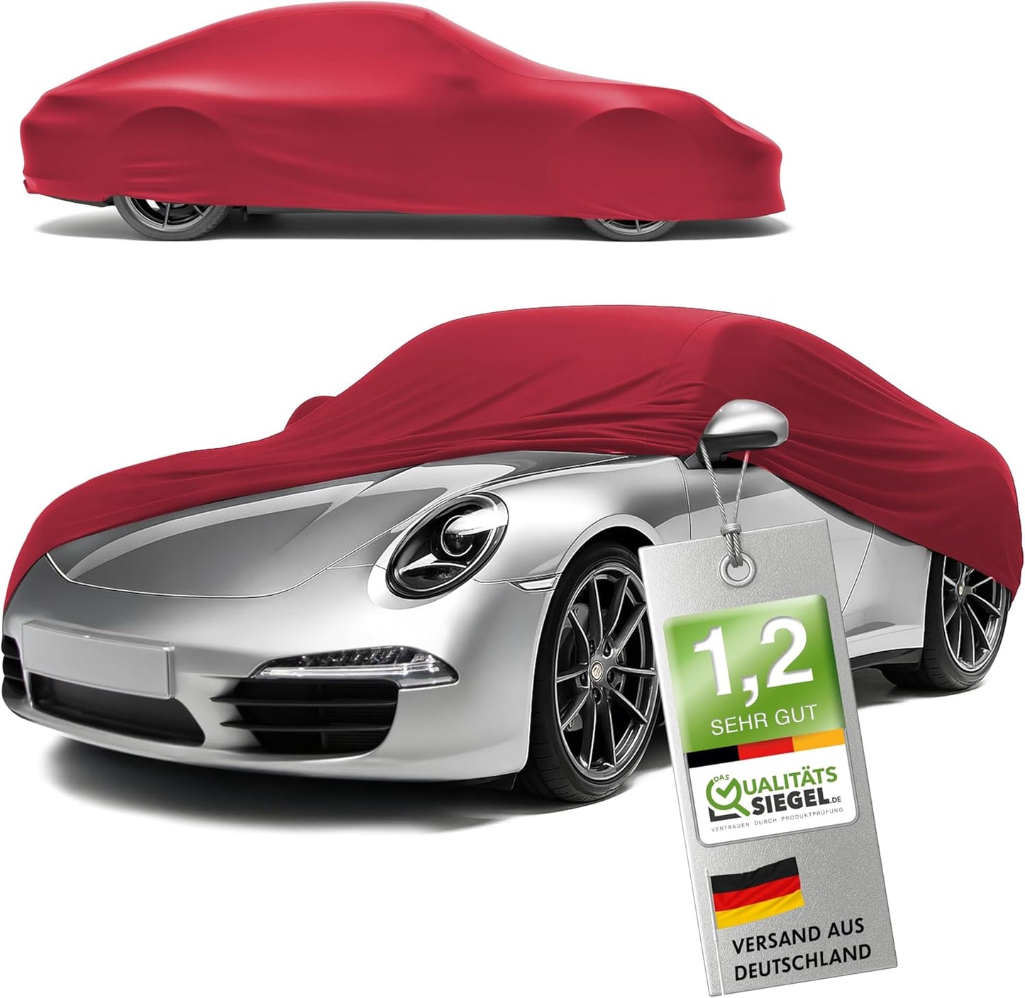 Premium Autoabdeckung Indoor Stretch, Rot Größe 2: PKW 430 - max. 482 cm Länge