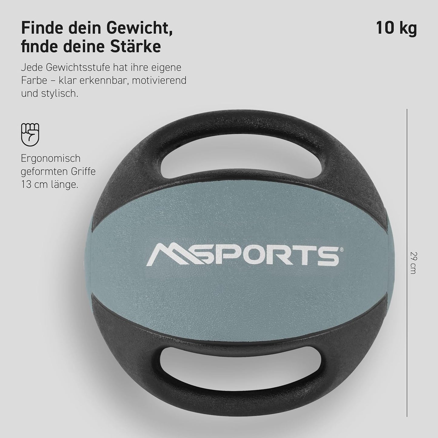 Medizinball mit Griffen, 10 kg - Hellgrau