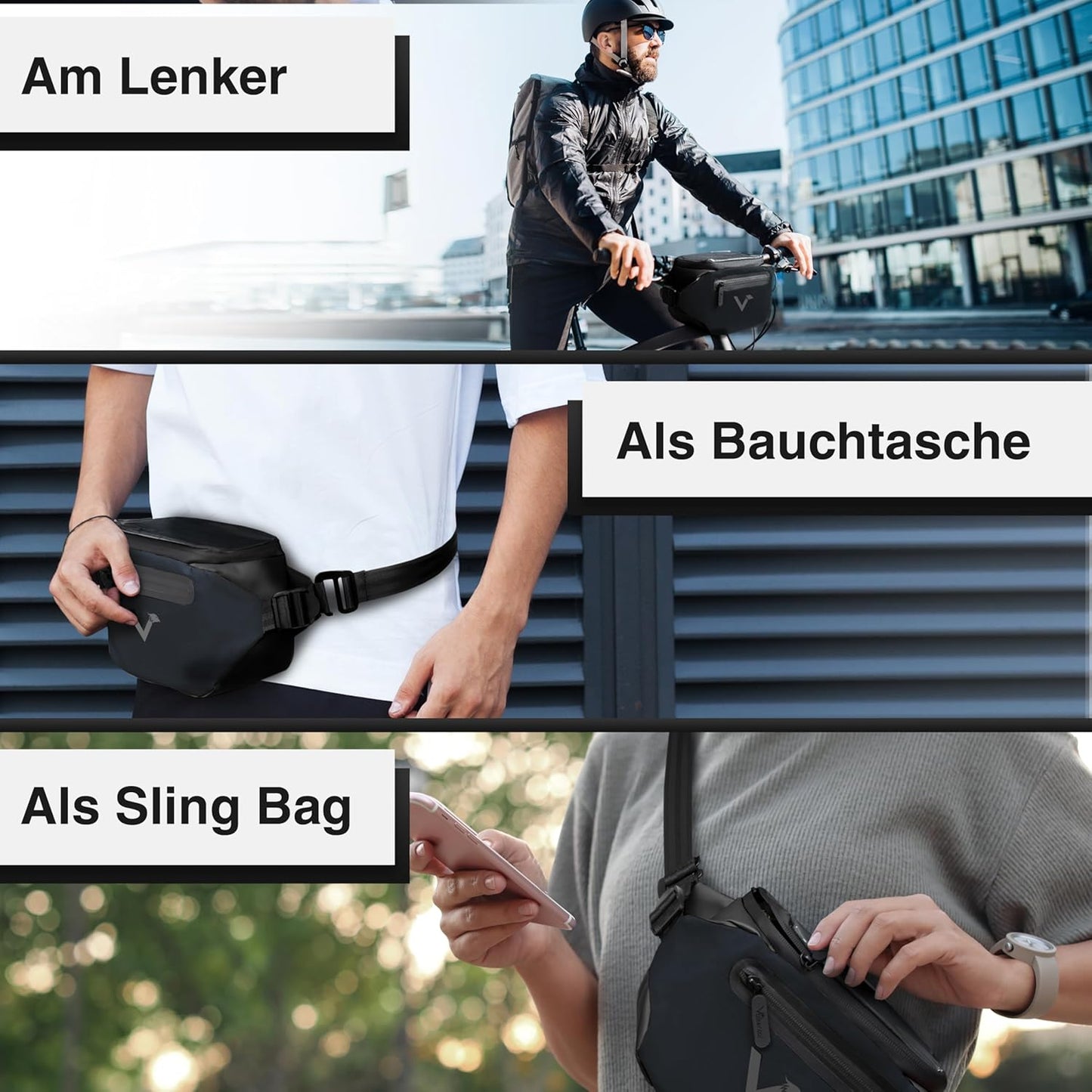 Wasserfeste Lenkertasche mit Handyfach, Schwarz Adapter