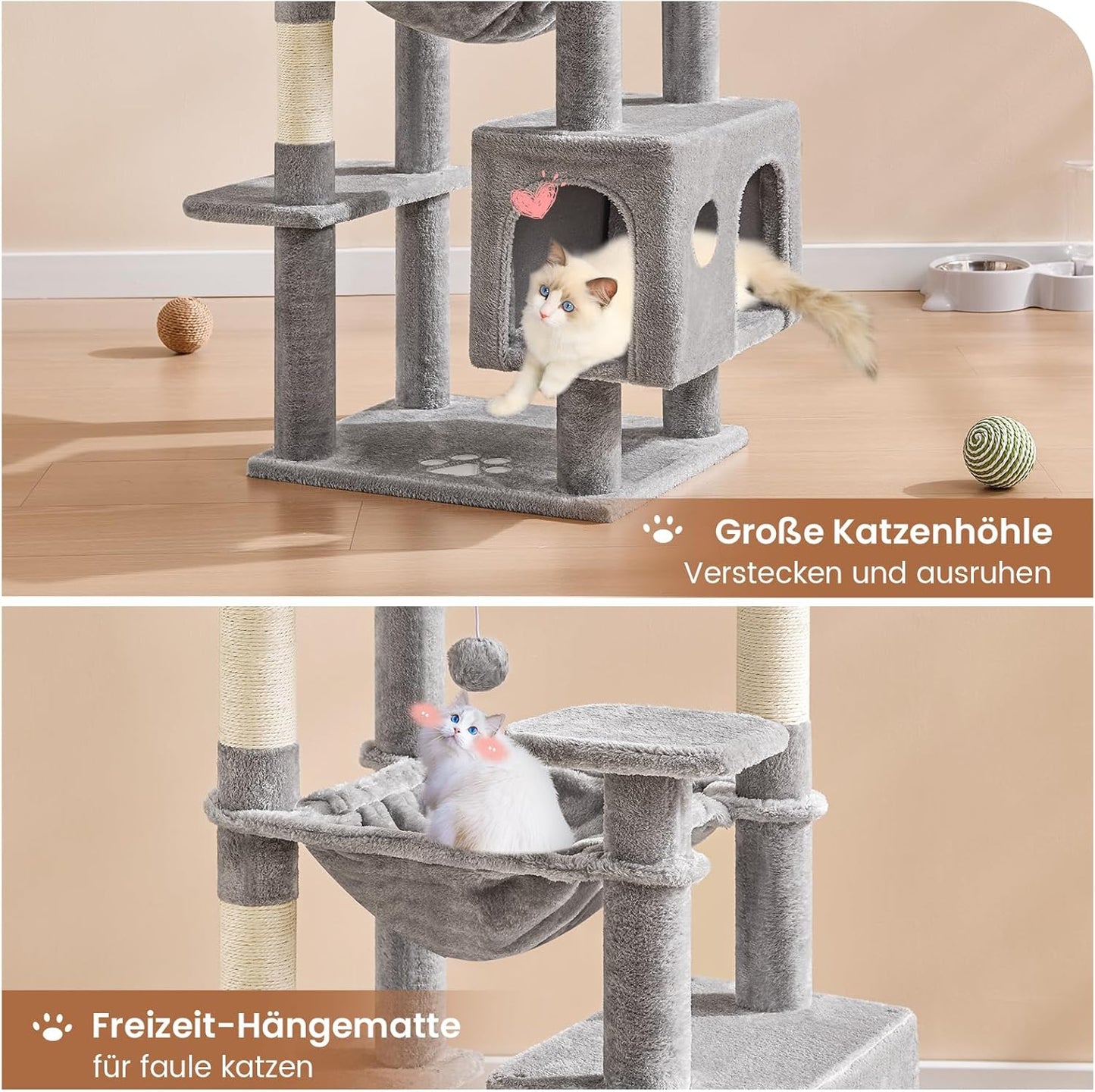 Katzenkratzbaum mit Hängematte und Plattformen, Hellgrau 160 cm