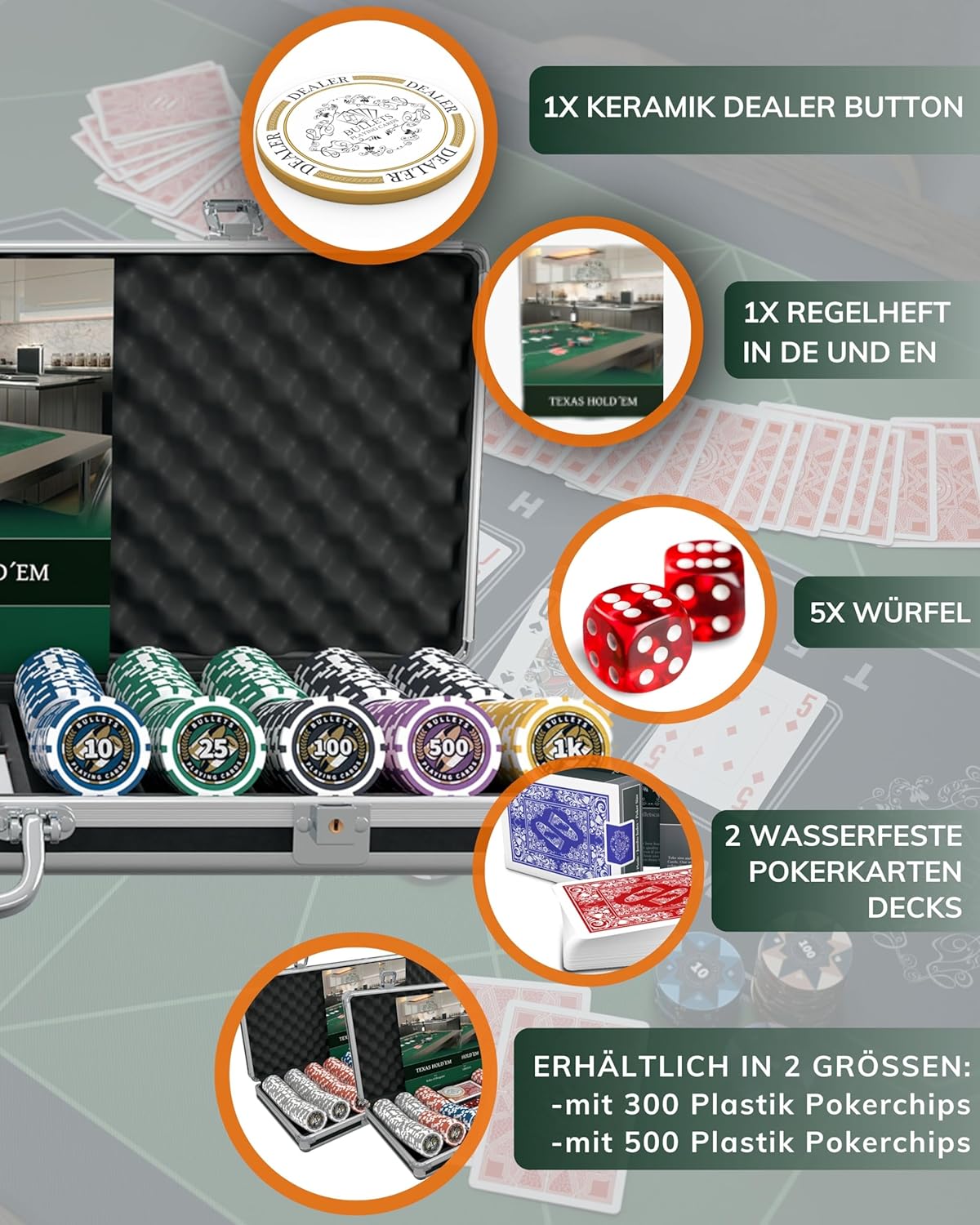 Pokerkoffer Deluxe mit 500 Chips & Zubehör, 500 Chips