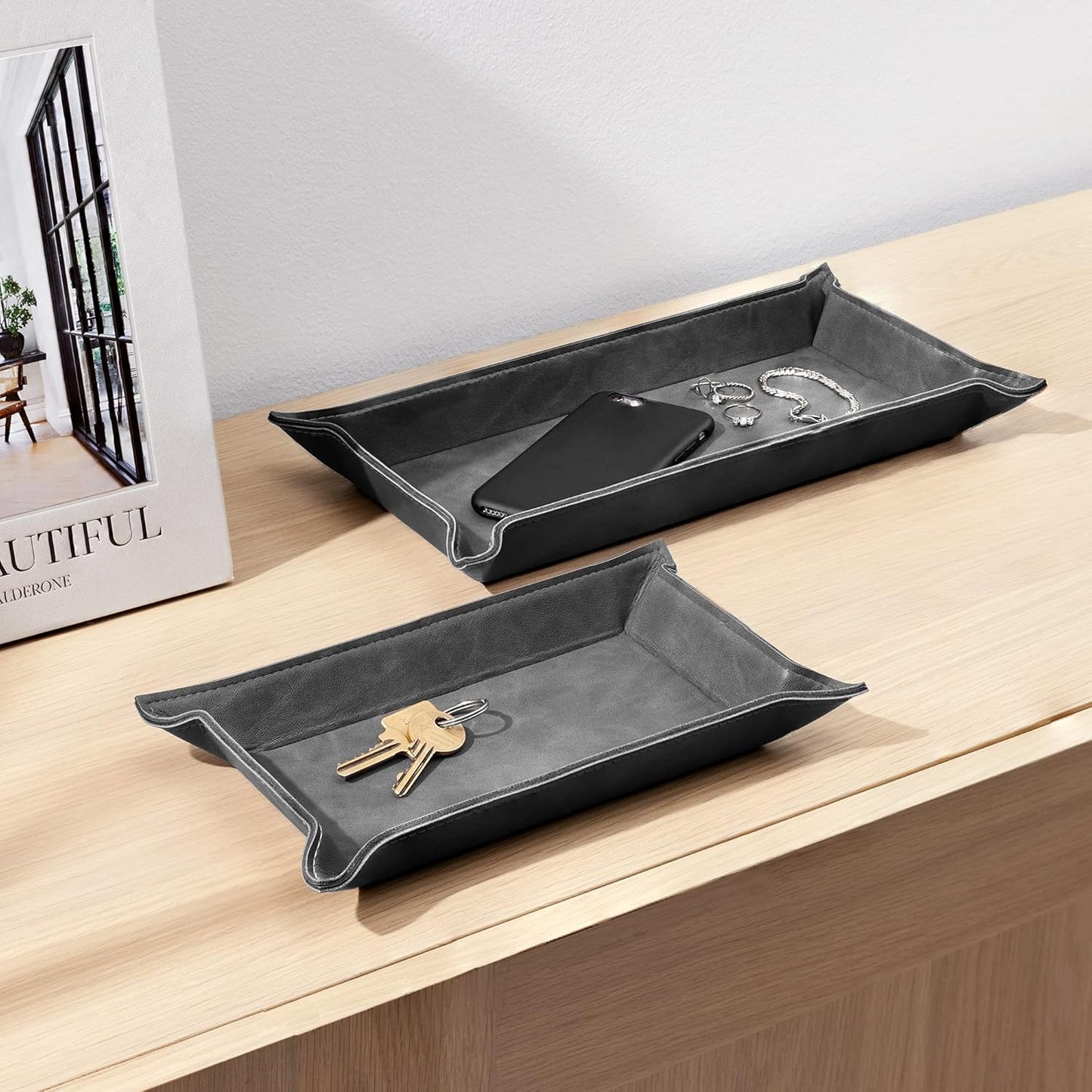 2er-Set Ablageschale für Schmuck und Schlüssel, Schwarz - Rechteckig