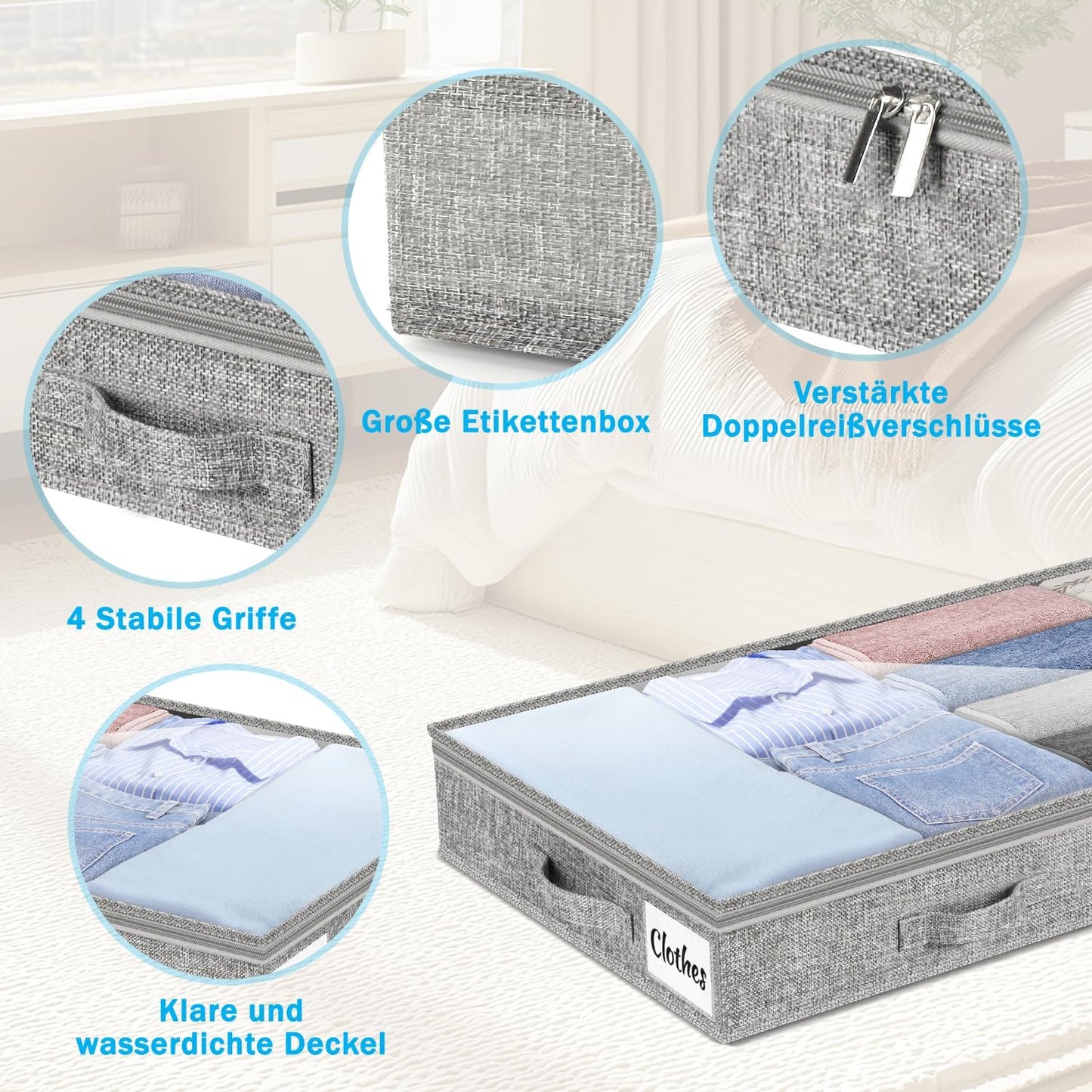 Faltbares Unterbett-Aufbewahrungsboxen-Set, 100 x 50 x 10 cm, Grau-4pcs