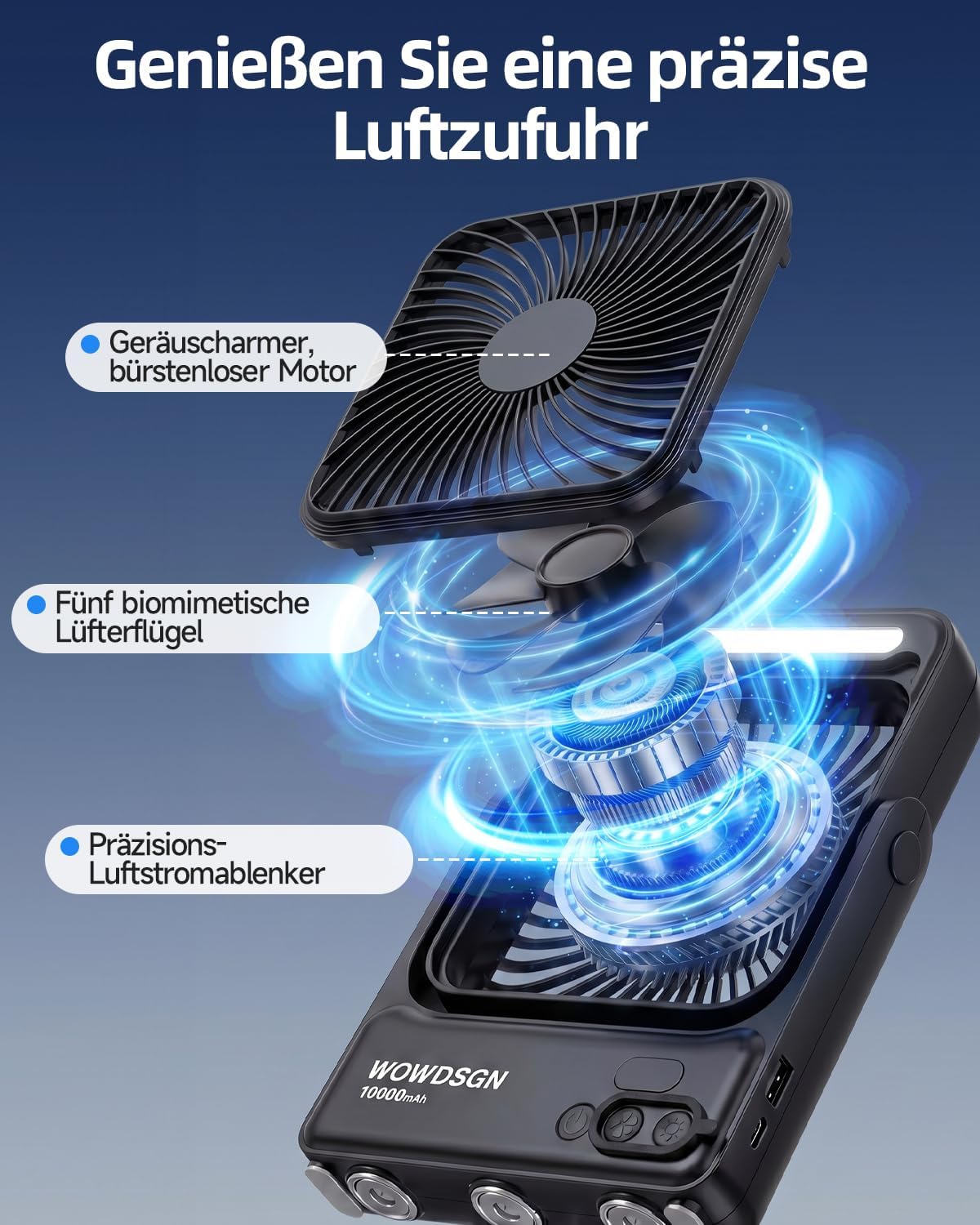 Akku-Tischventilator YH-F151 mit LED & Powerbank-Funktion, L