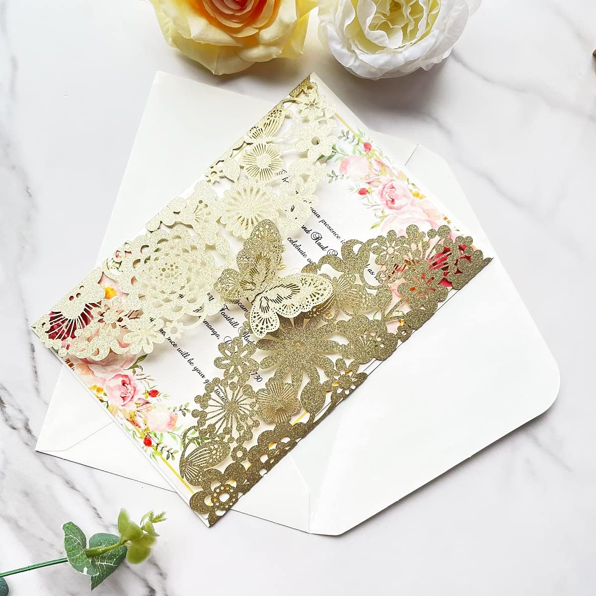 Blanko-Glitzer-Hochzeitseinladungen-Set (20 Stück), 20 Stück Leeres Papier Champagner Gold Glitzer
