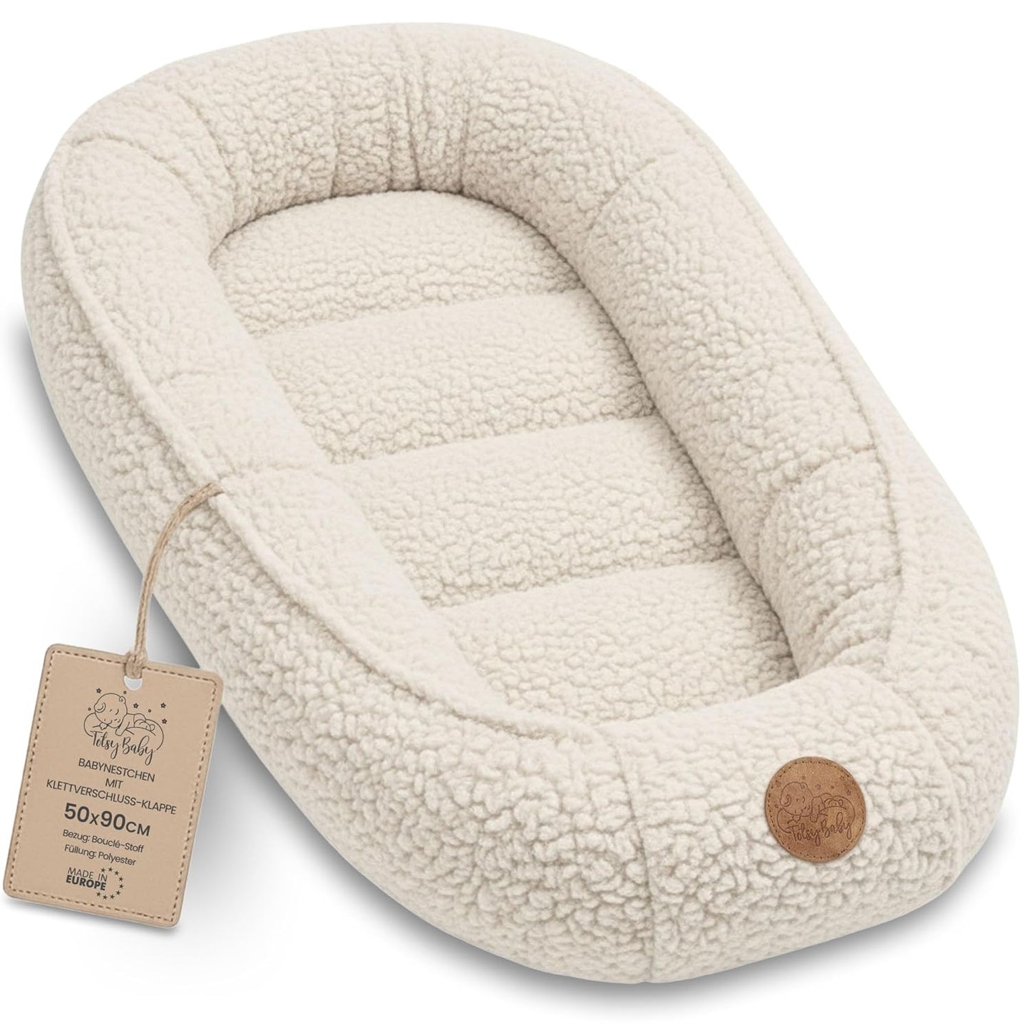 Babynest aus Teddy Plüsch (tragbares Kuschelnest), Cremefarben 90x50 cm