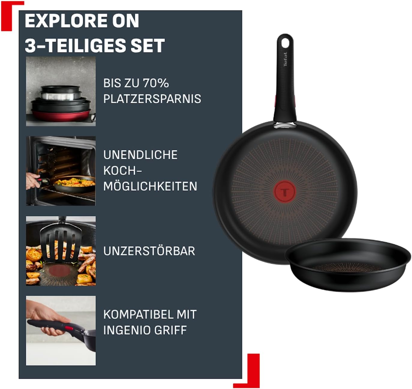 Ingenio Explore Antihaft-Pfannen-Set, Keramik "Neu" - 3-tlg. Pfannen-Set 24/28 cm + 1 Griff