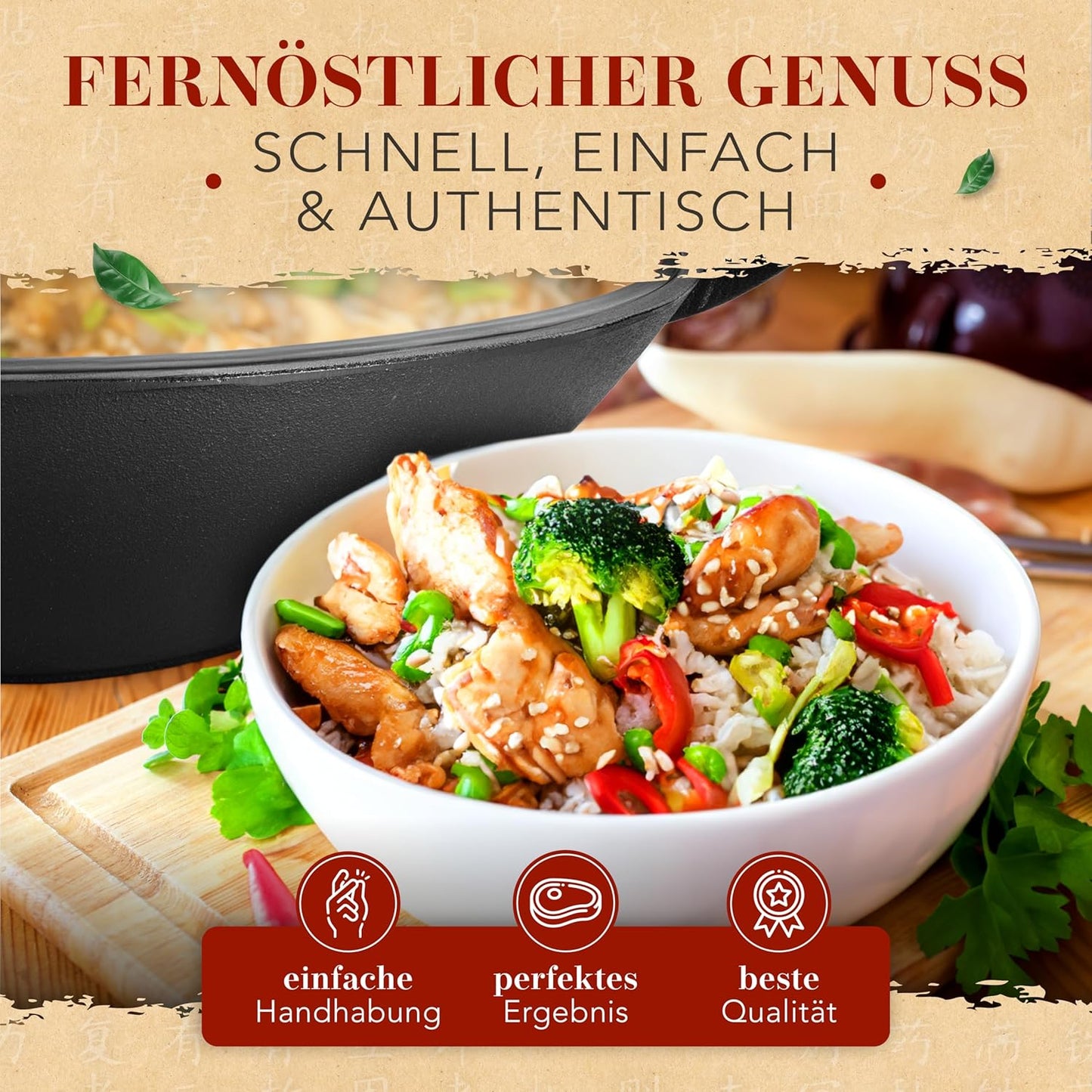 Wokpfanne mit Wokkelle, Induktionsgeeignet, 36cm Gusseisen