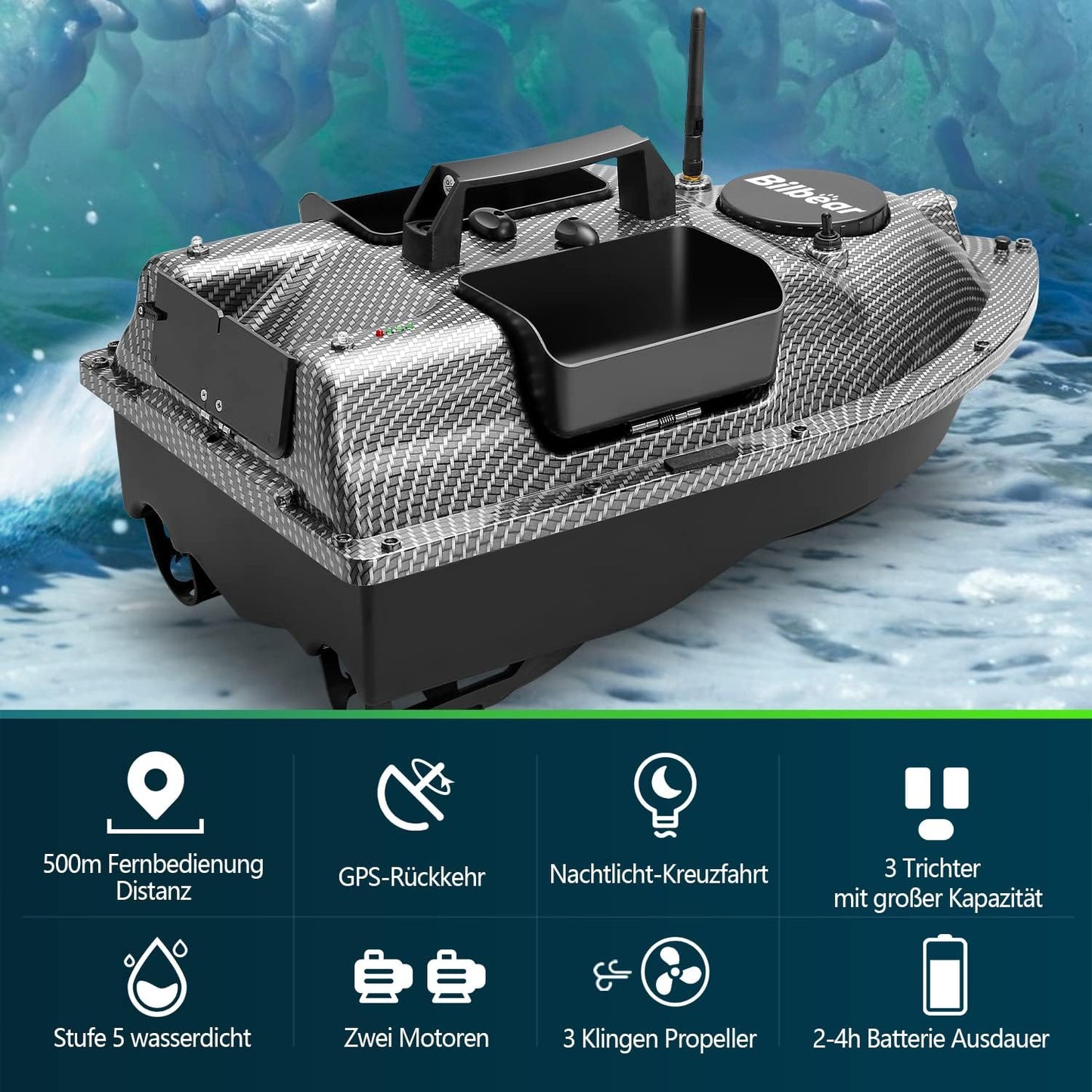 RC Futterboot fürs Karpfenangeln – mit GPS & 3 Futtertrichtern, Kohlenschwarz Boot