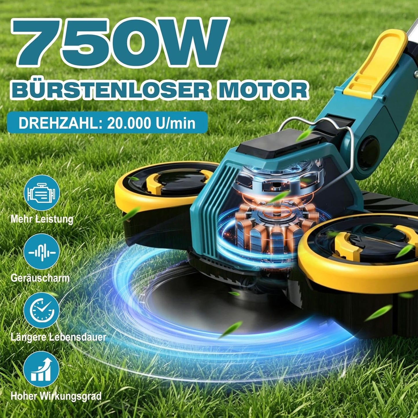 2-in-1 Akku-Rasentrimmer mit Unkrautbürste, Grau-Gelb