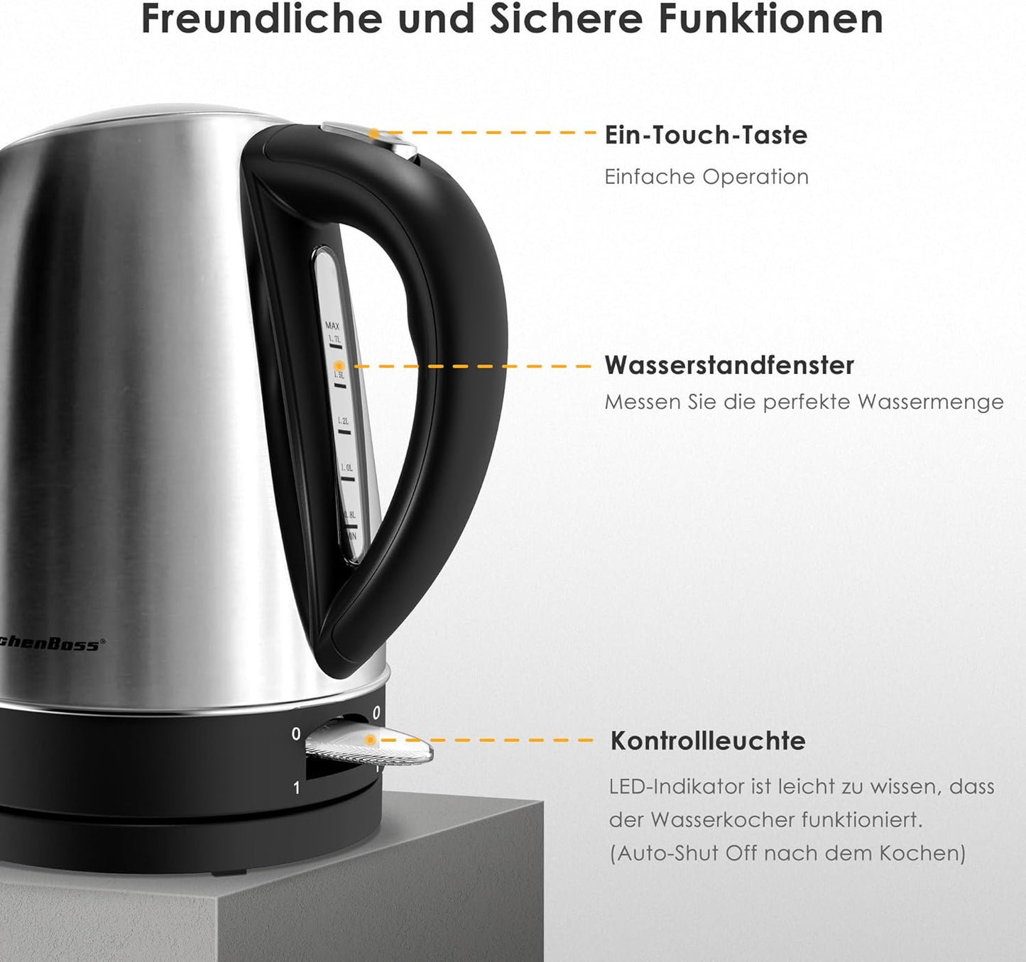 Elektrischer Wasserkocher 1,7L mit Kalkfilter