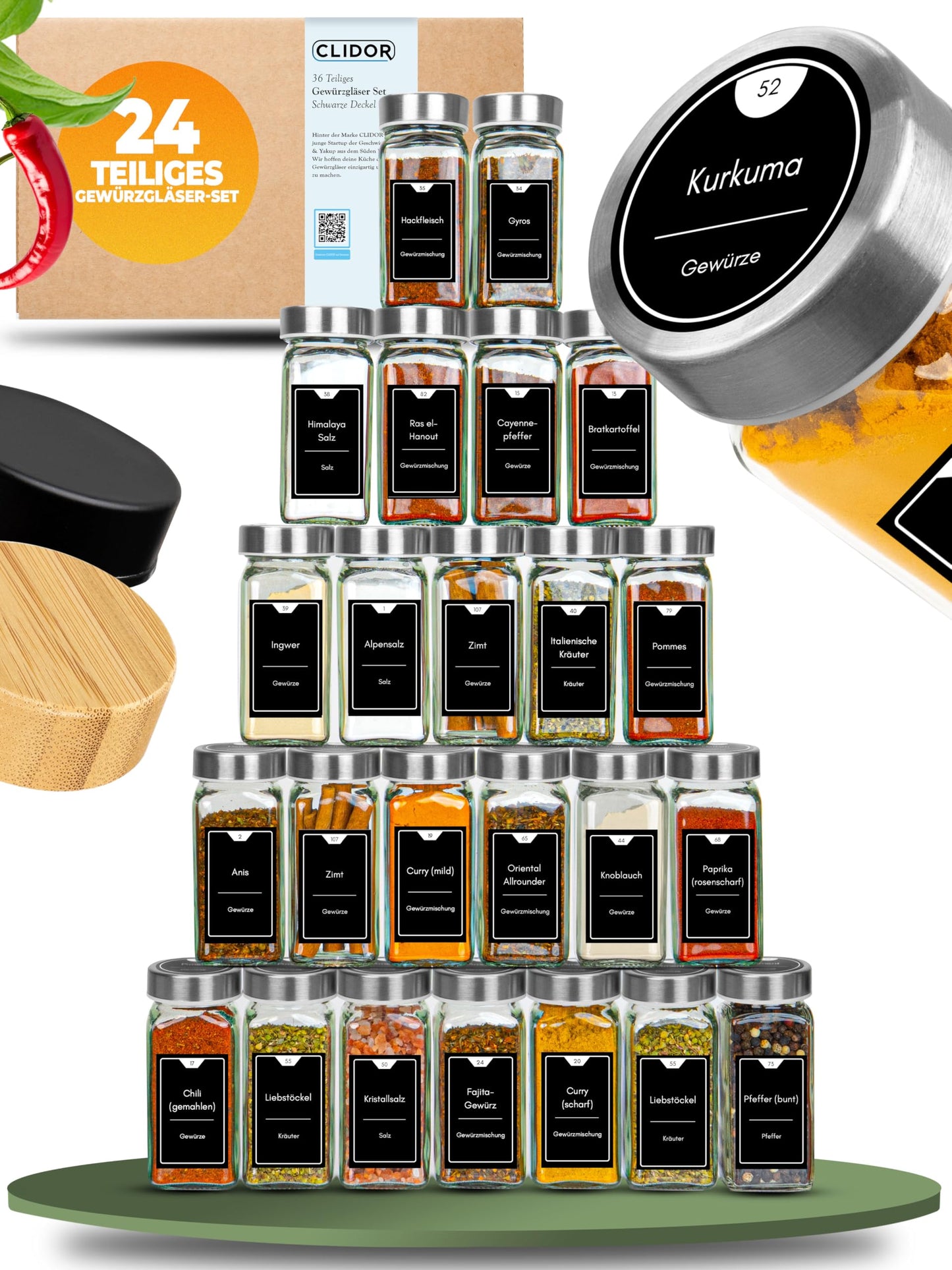 Gewürzgläser-Set mit Etiketten, 24er Set - Edelstahl