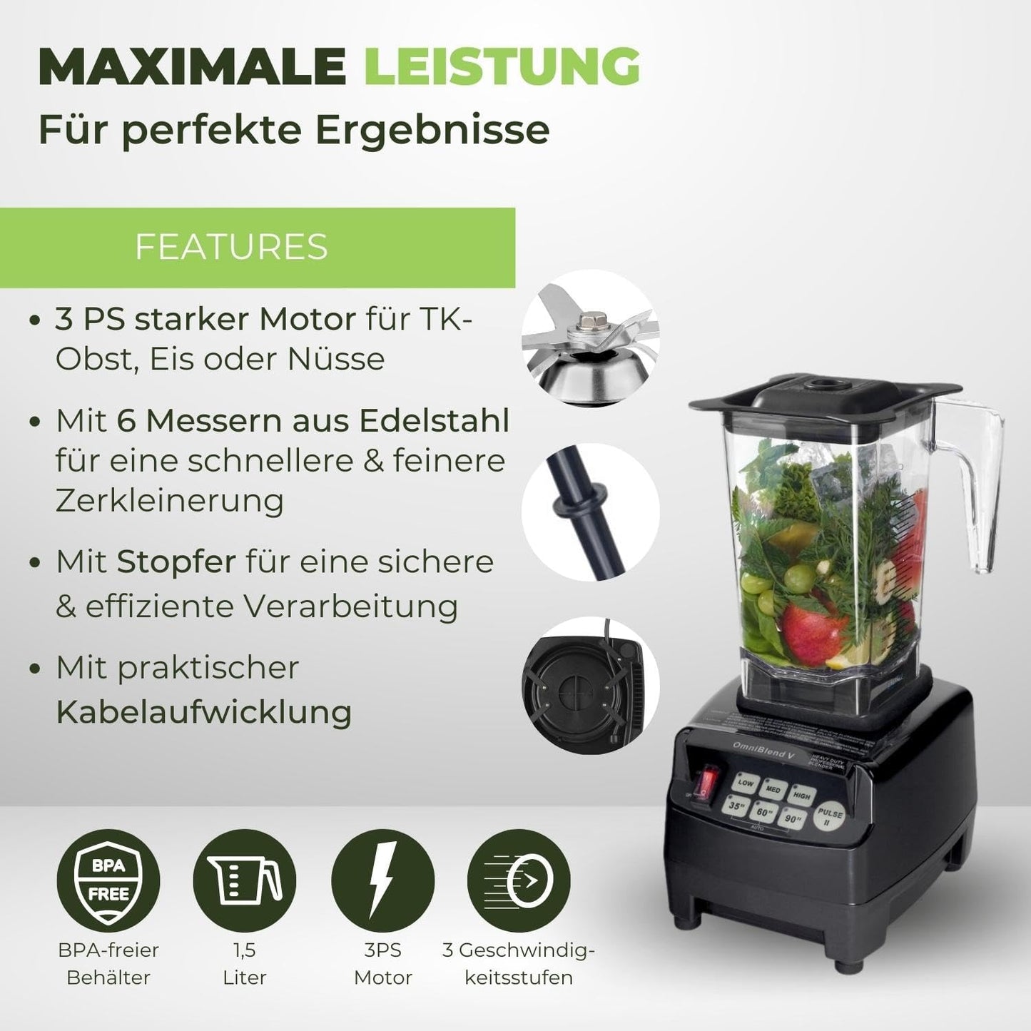 Smoothie Maker, 1,5L BPA-FREI Schwarz