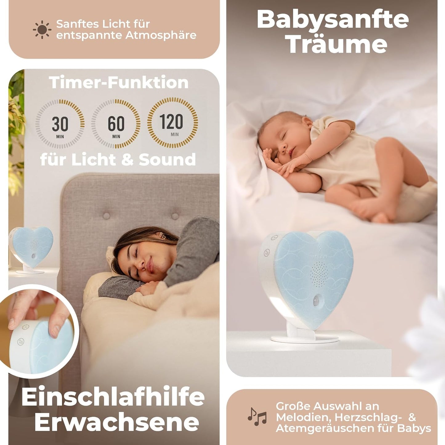 Naturgeräusche-Box mit Bewegungsmelder, Nachtlicht und 18 Klängen, Pastell-blau Herz