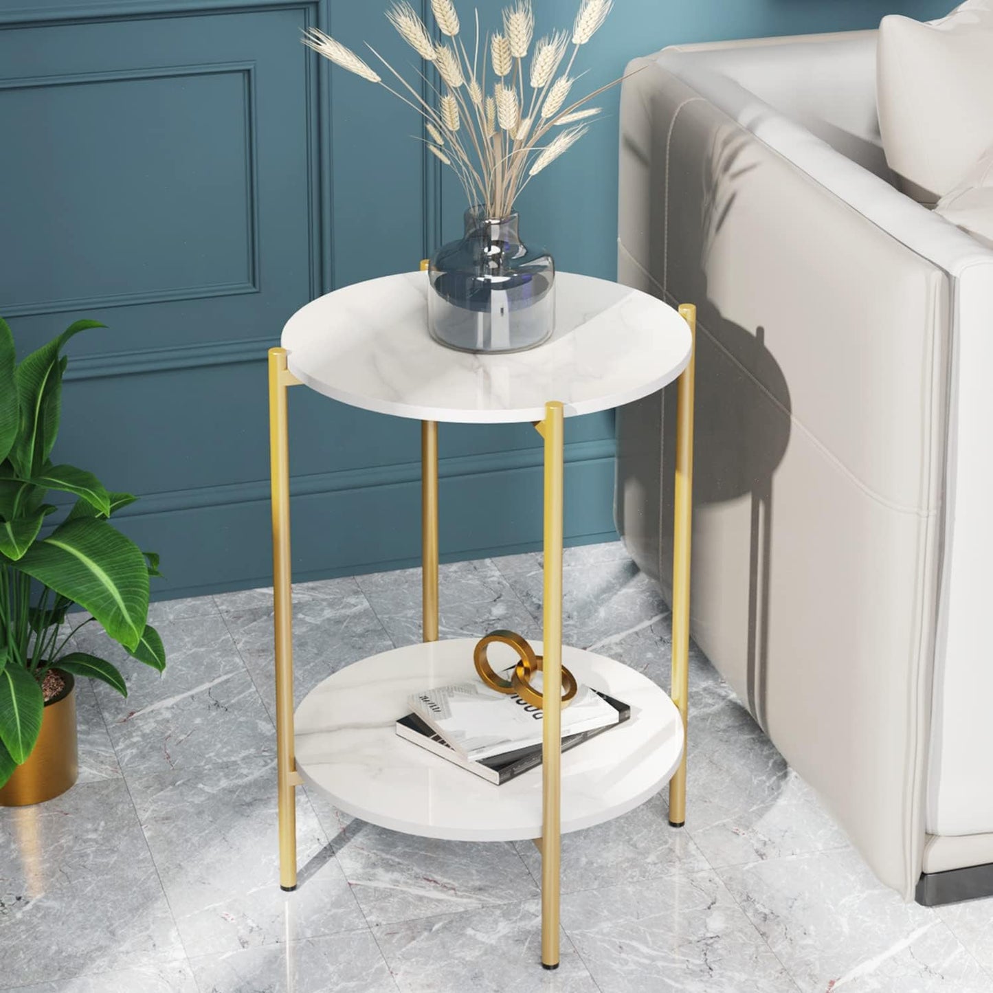 Runder Marmortisch mit 2 Ablagen, 40.5×40.5×55cm|Gold