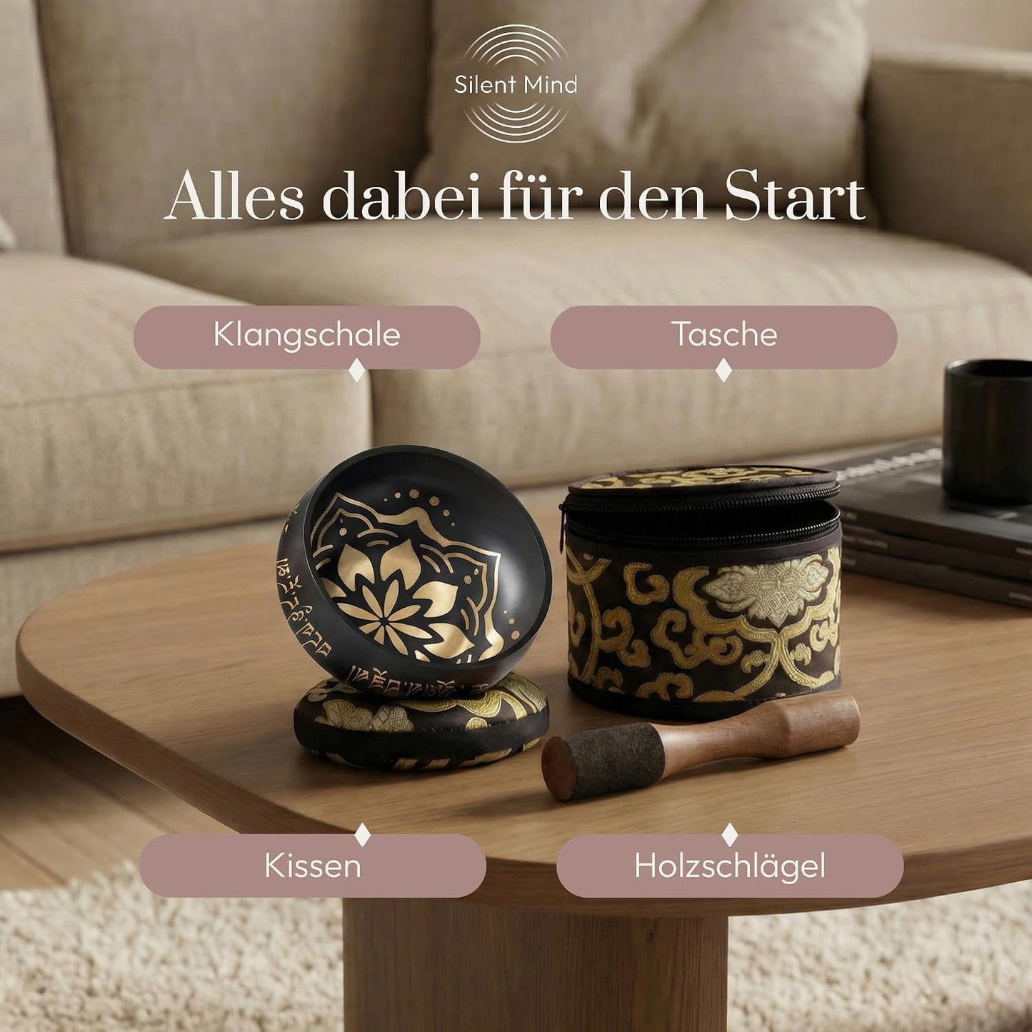 Klangschalen-Set mit Kissen & Klöppel, Kohleschwarz Mit Tasche