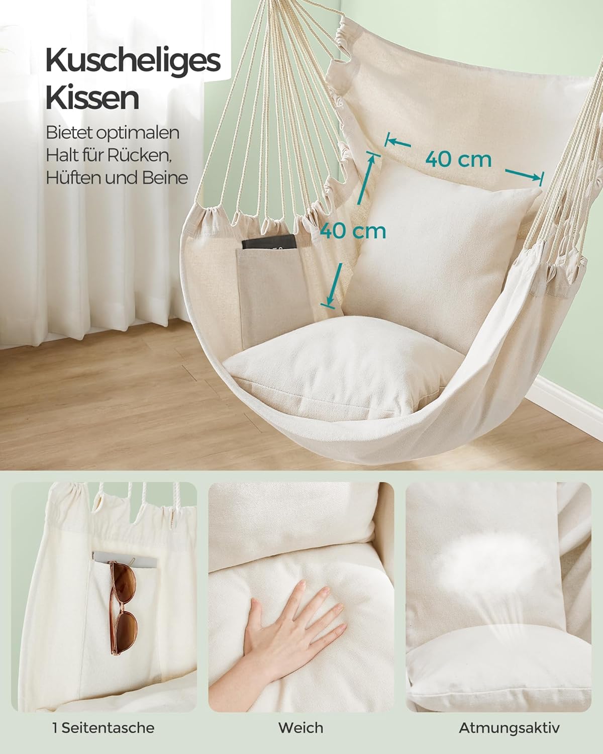 Hängesessel mit Kissen, Cremeweiss Holzstange