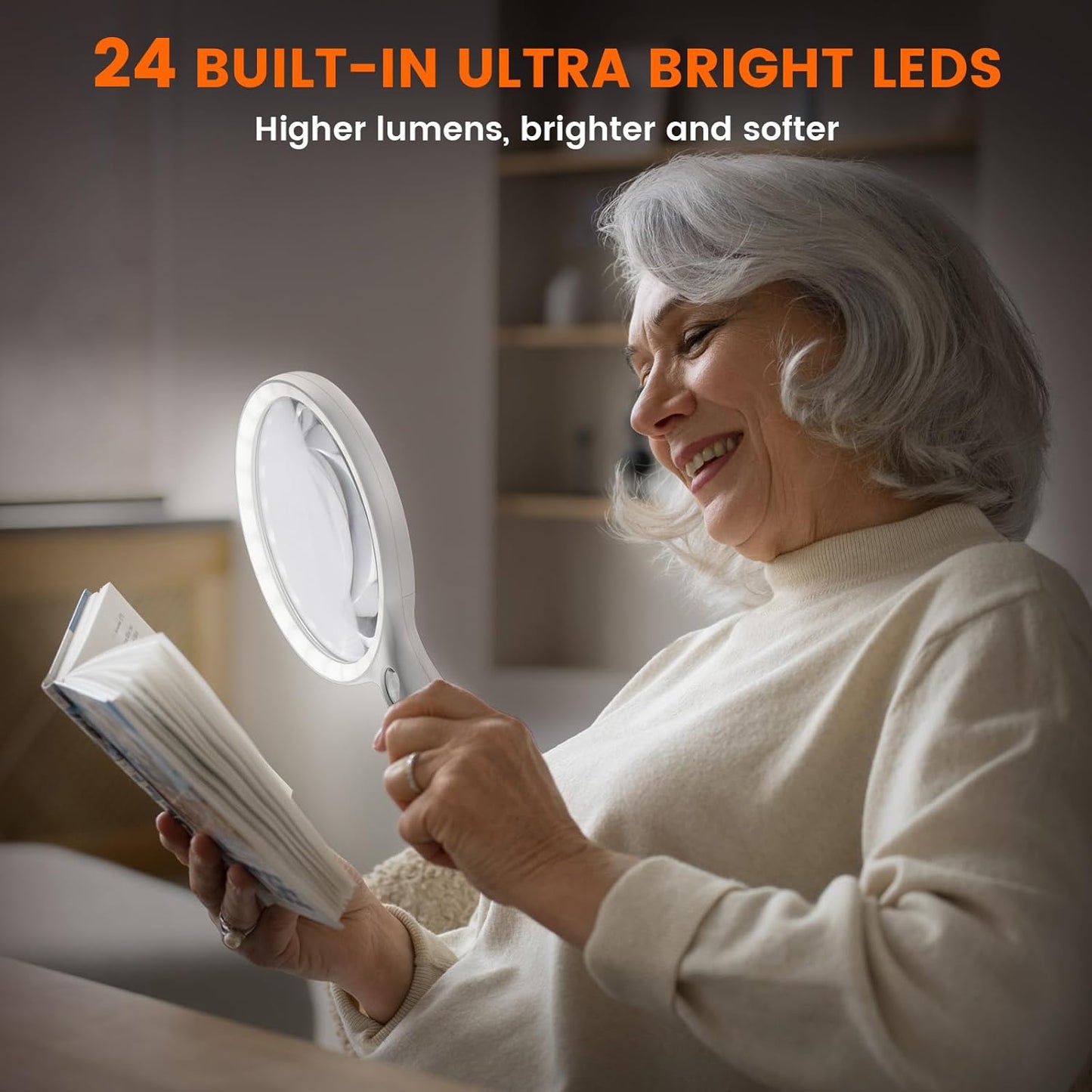Lupe mit LED & UV Licht für Senioren & Kinder, Weiss