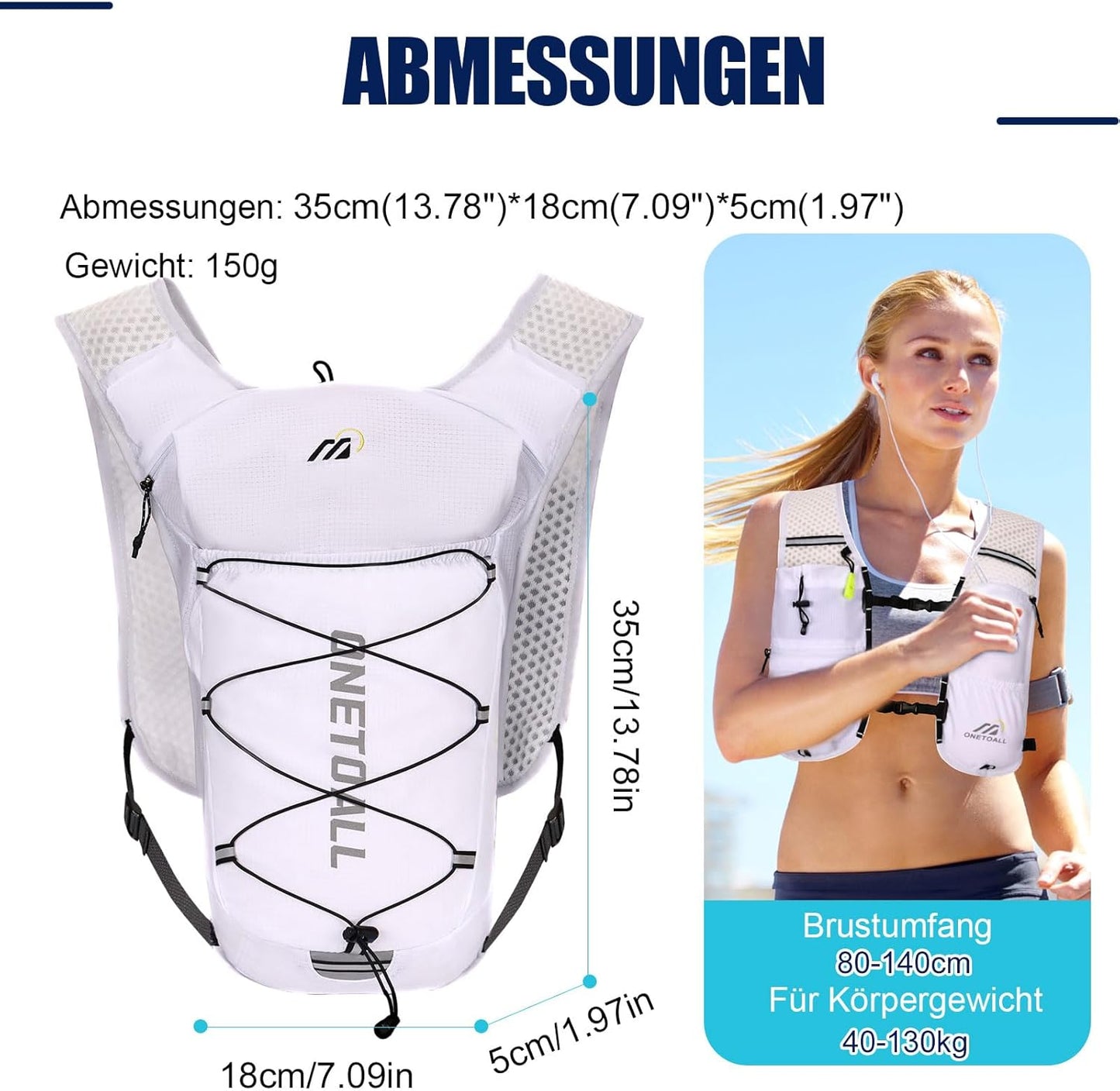Leichte Laufweste mit Trinkblase und Flasche (6L), weiss mit trinkblase