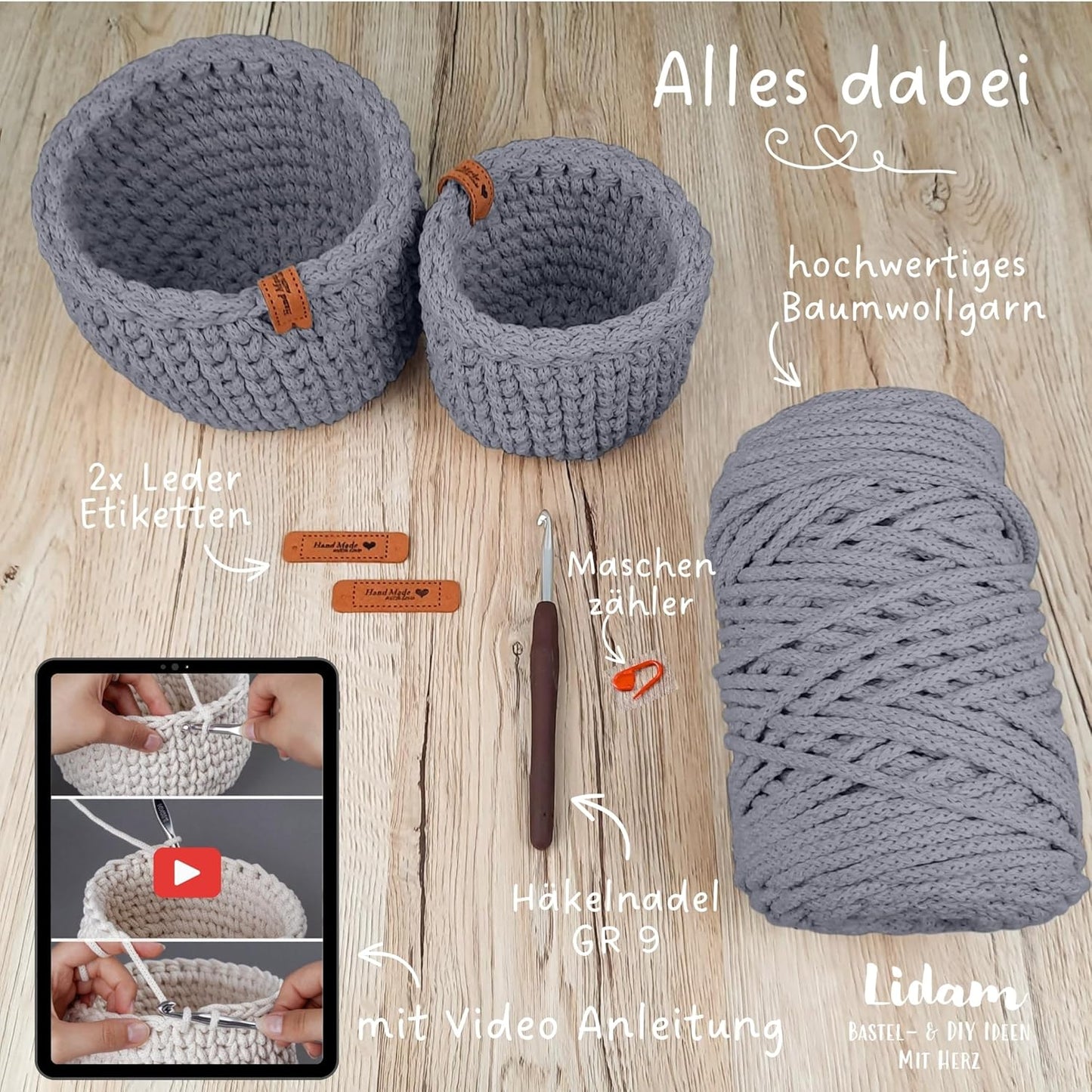 Häkelset für Anfänger mit Videoanleitung, Grau