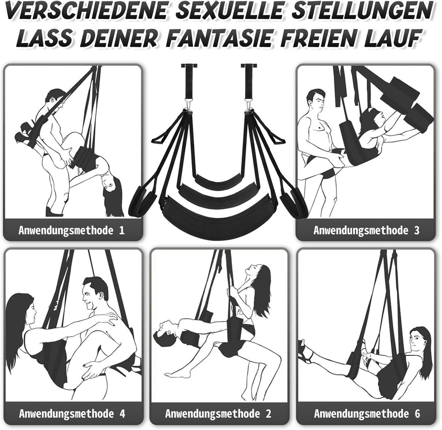 Liebesschaukel mit verstellbaren Gurten und Polsterungen, Schwarz