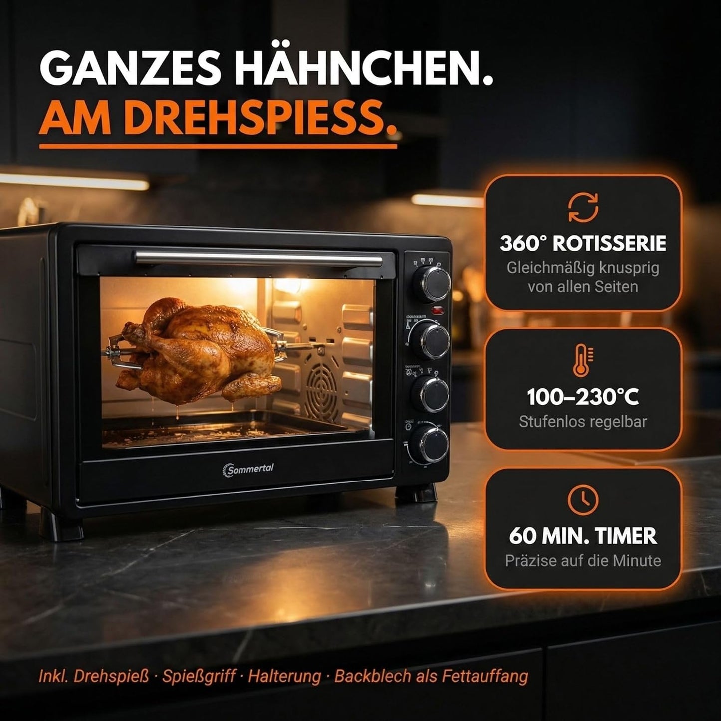 4-in-1 Minibackofen mit Umluft & Drehspiess, 30 Liter