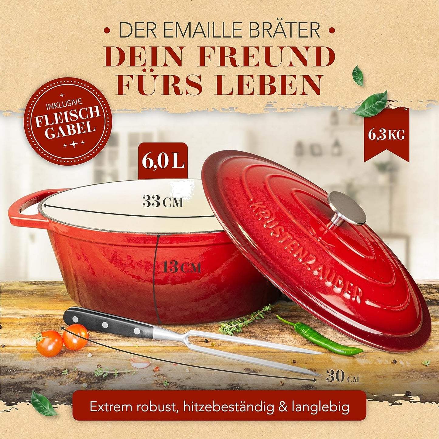 Gusseisen-Bräter mit Fleischgabel, 6.0 L