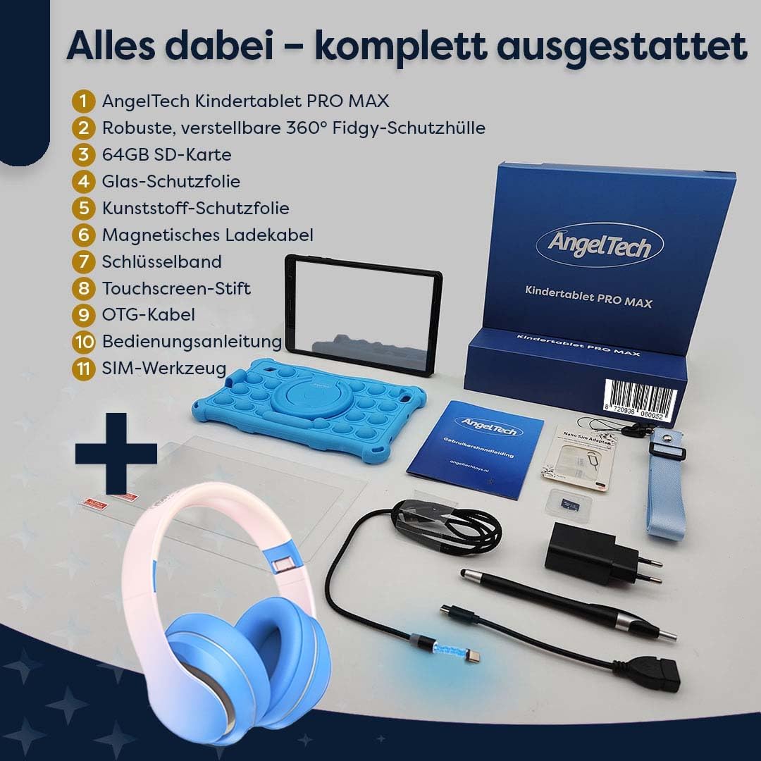 Kinder-Tablet PRO MAX mit Kopfhörern, Kinderpaket Blau