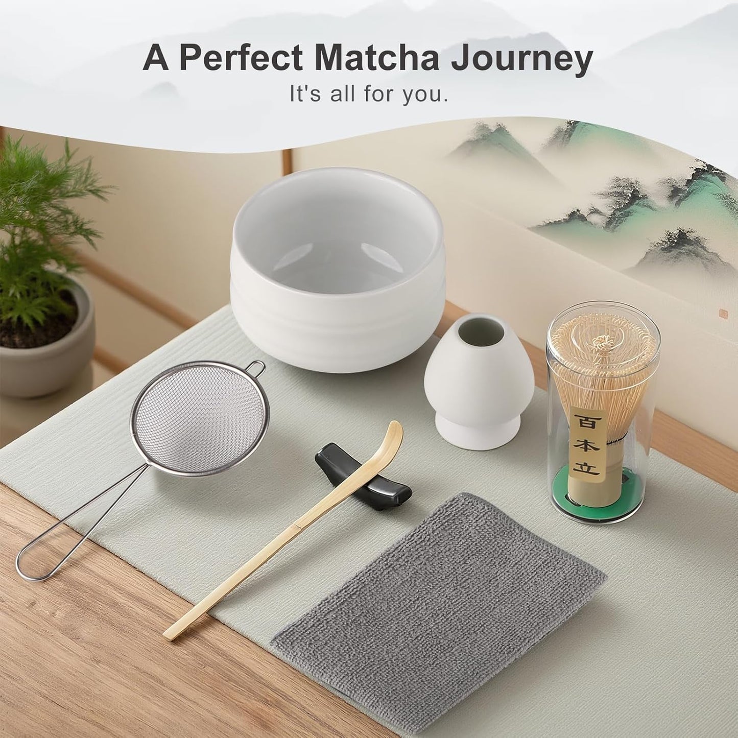 Matcha-Set mit Bambusbesen und Zubehör (7-teilig), Flache Spitze, Mattweiss Bambus-Matcha-Besen