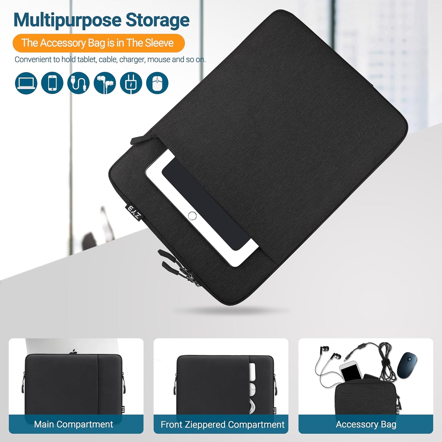Laptop Hülle inkl. Zubehörtasche, 13-13.5 Zoll Laptop/Mac 13/Mac Pro 14 Schwarz