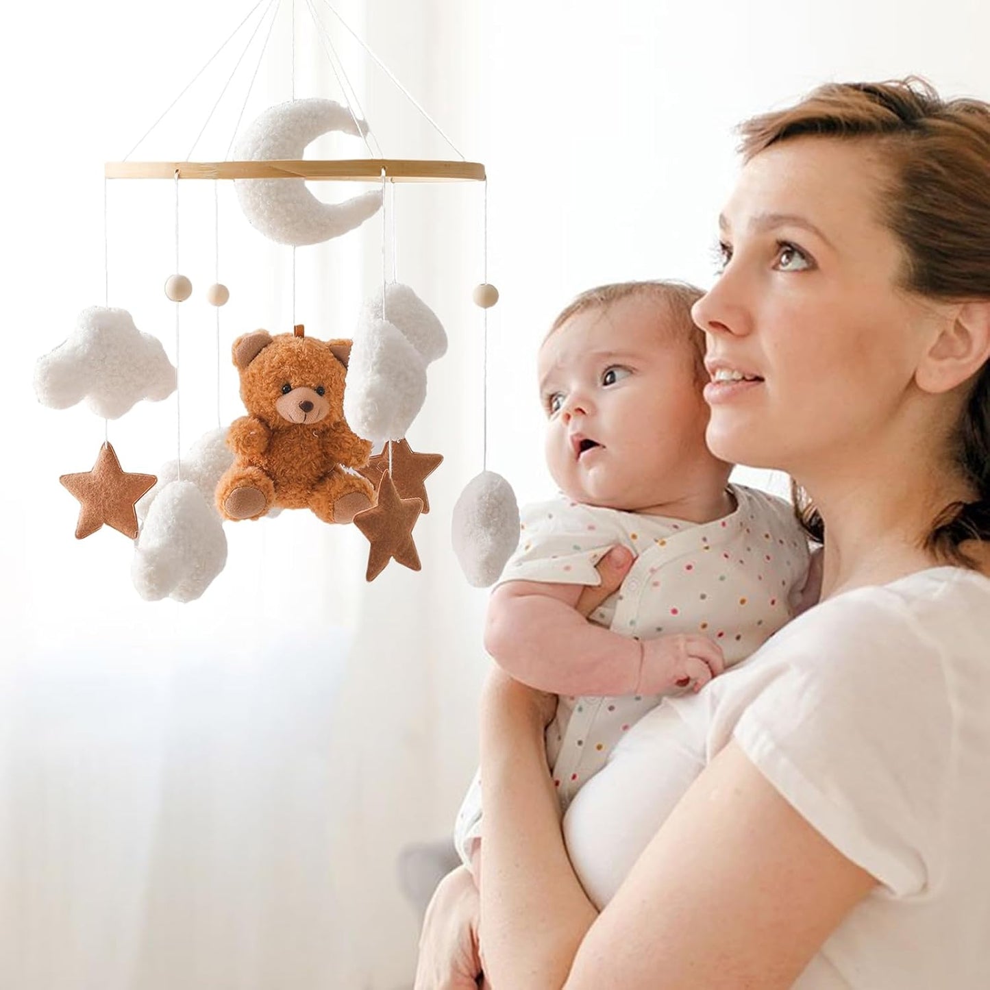 Babybett Mobile mit 3D Bär und Wolken, Braun Bär