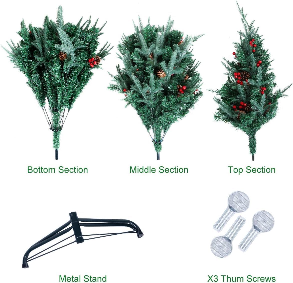 Künstlicher Weihnachtsbaum mit Tannenzapfen und Früchten, 180 cm, Grün - 688 Spitzen