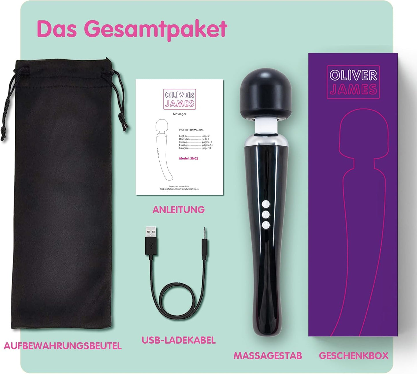 Kabelloser Massagestab mit 20 Modi, Gross Schwarz