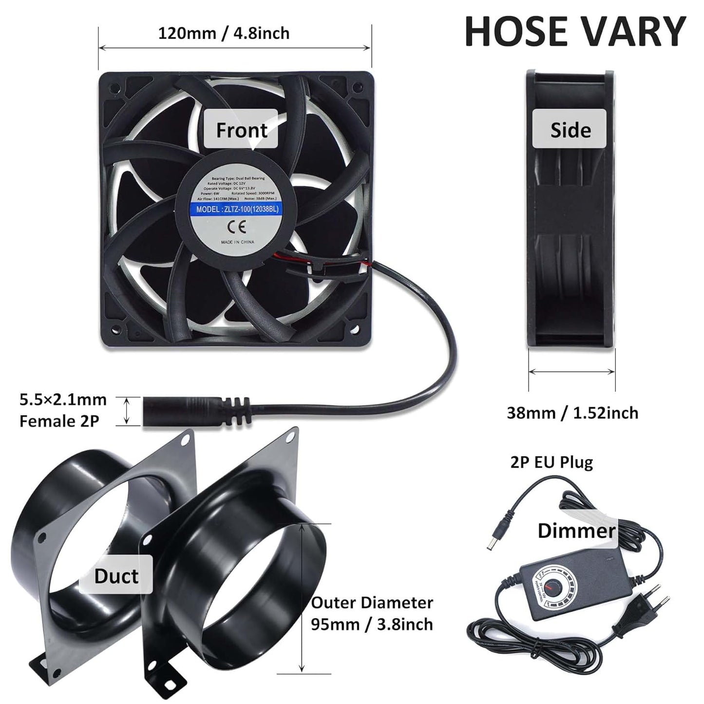 Abluftventilator 100mm, Schwarzes DC12V Axial Lüfter Kit