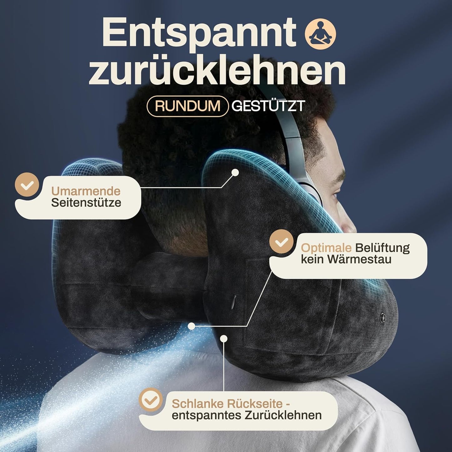 Aufblasbares Nackenkissen mit abnehmbarer Kapuze, Grösse L, Schwarz Gross - passt den meisten