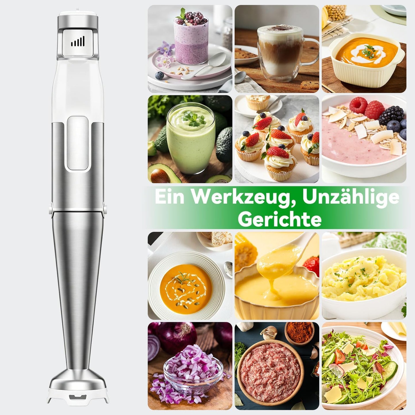 Stabmixer Set mit Zerkleinerer & Schneebesen, Weiss