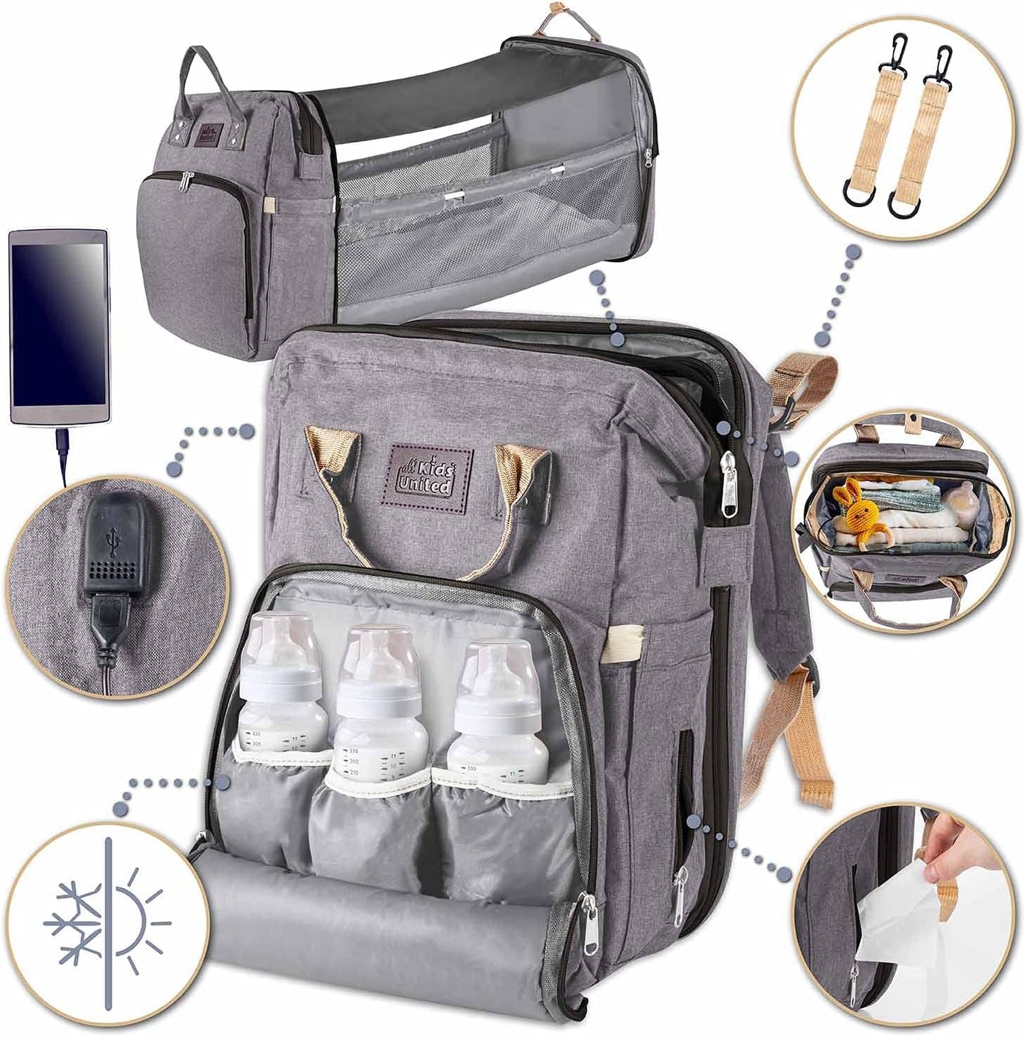 Baby-Wickelrucksack mit integriertem Kinderbett, Grau