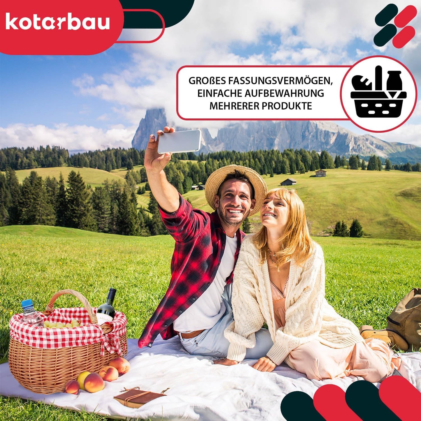 Picknickkorb mit Einsatz, Mit Rot Kariertem