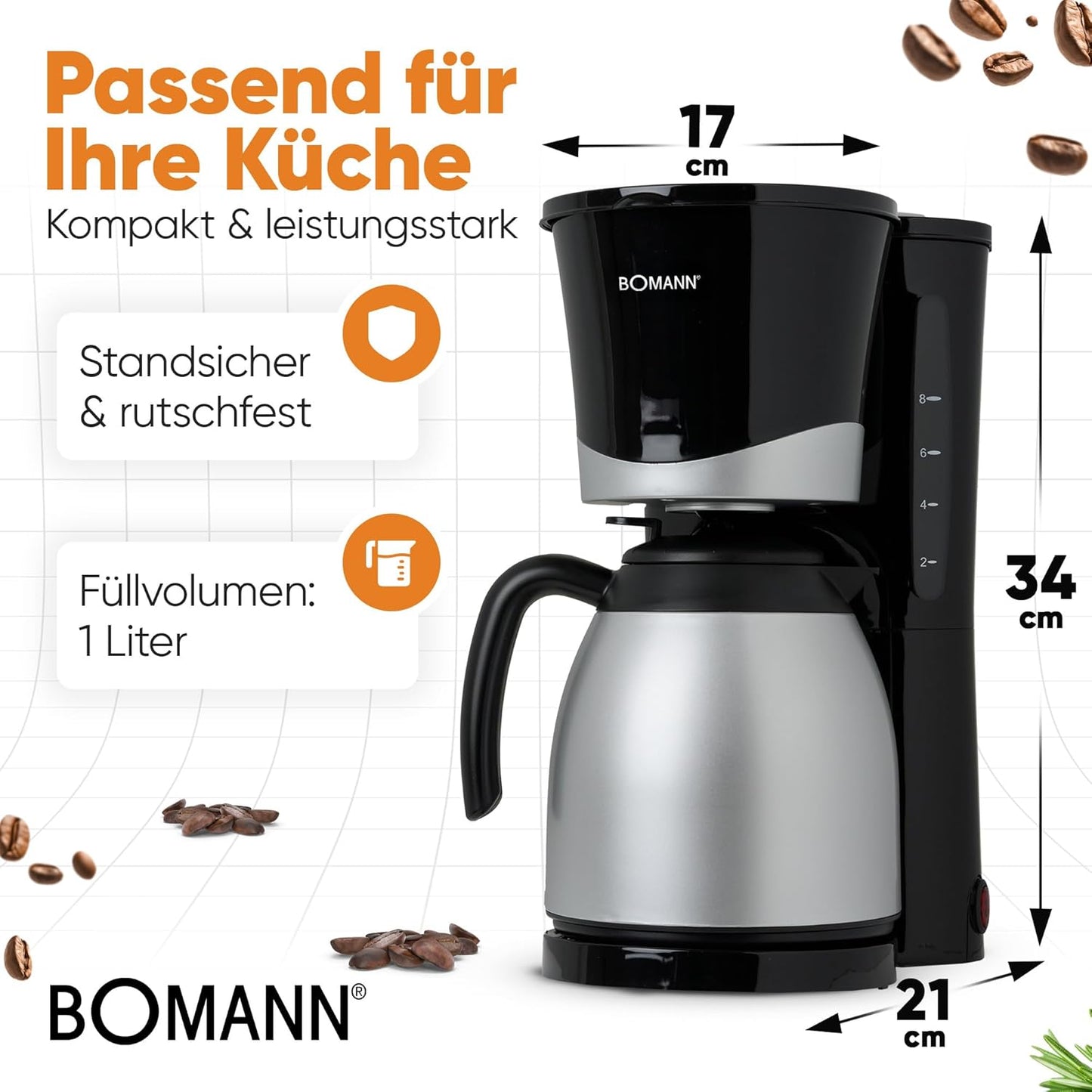 Filterkaffeemaschine mit Thermoskanne, Schwarz