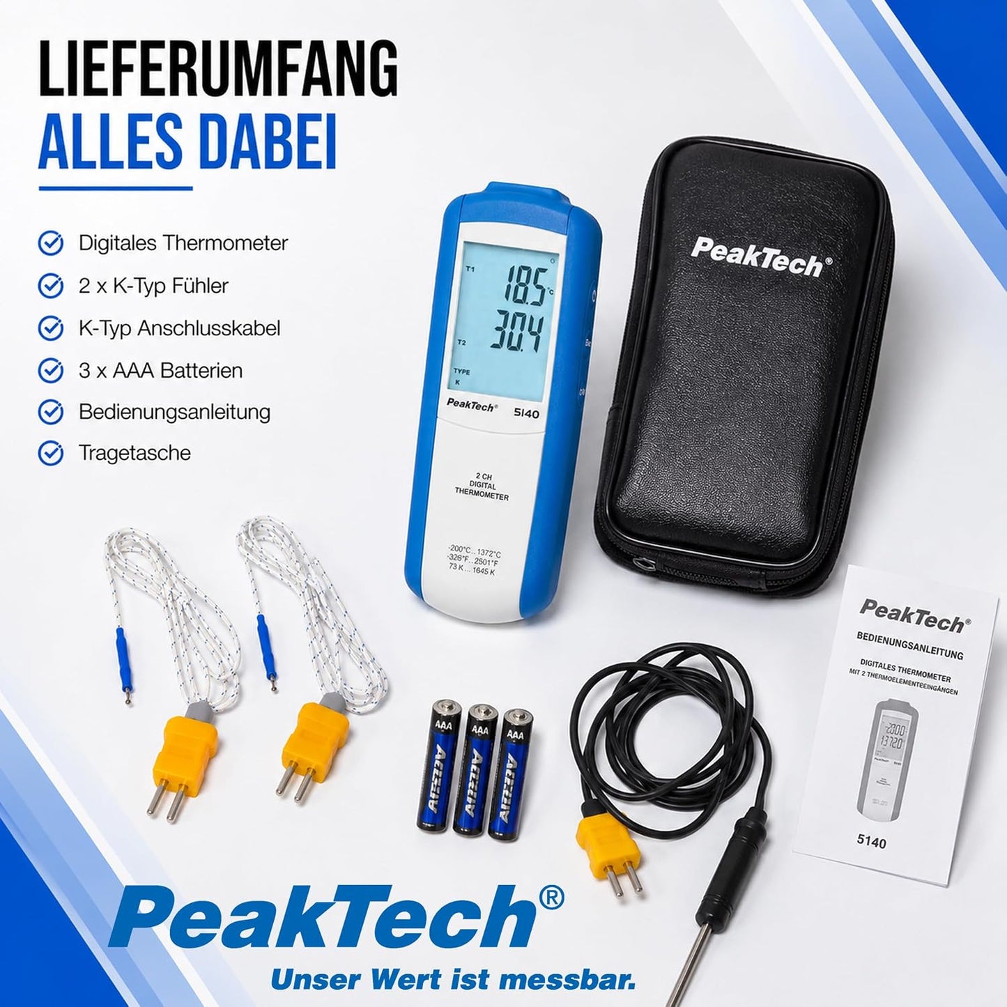 Digitales Thermometer 5140-2CH Typ-K, 2-Kanal, -200°C bis 1372°C, 2 Kanal